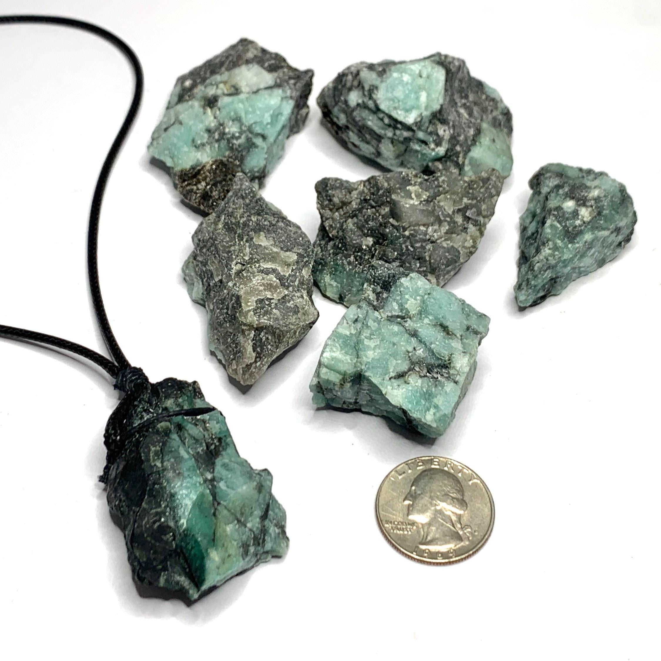 Natural Raw Emerald Pendant Necklace with Adjustable Cord