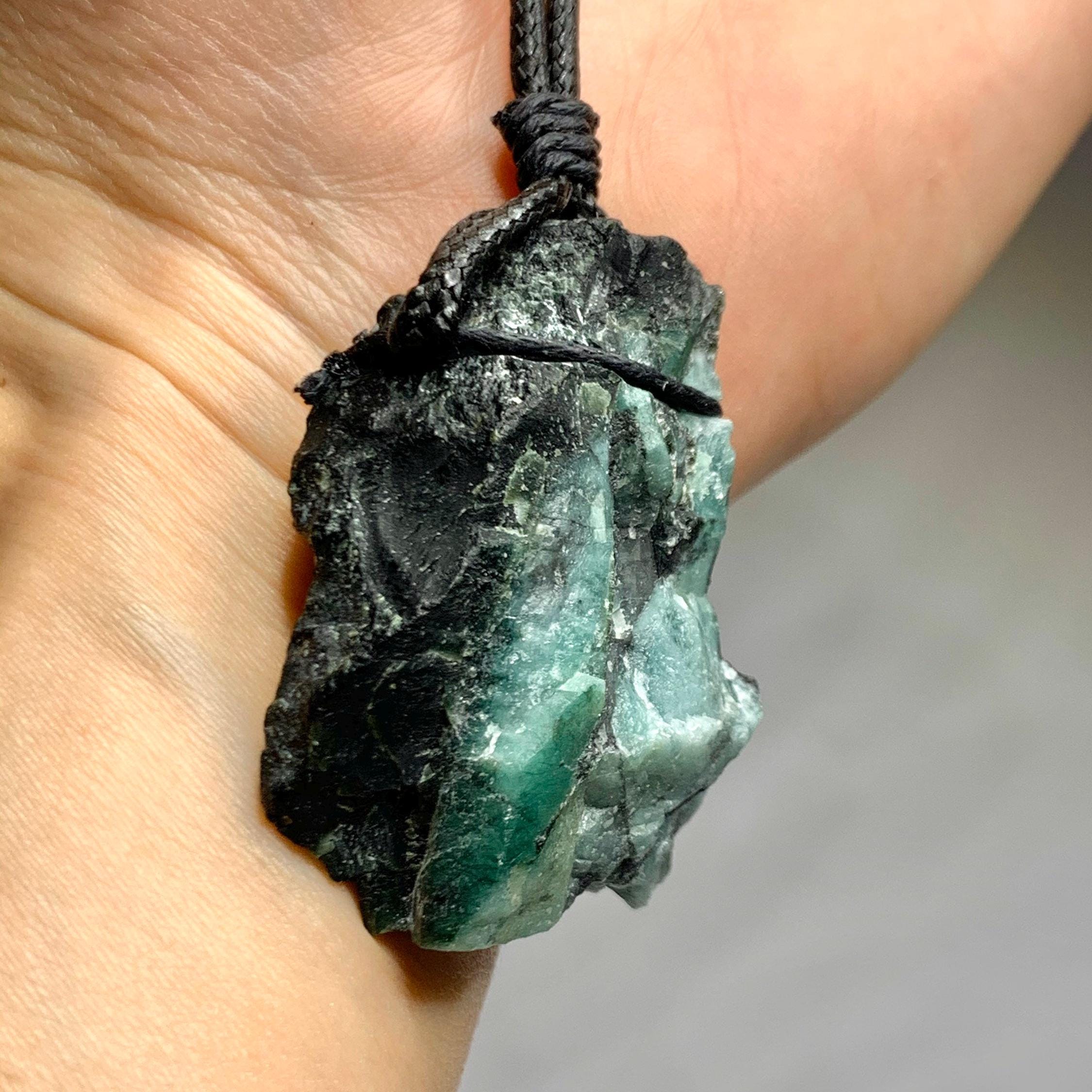 Natural Raw Emerald Pendant Necklace with Adjustable Cord