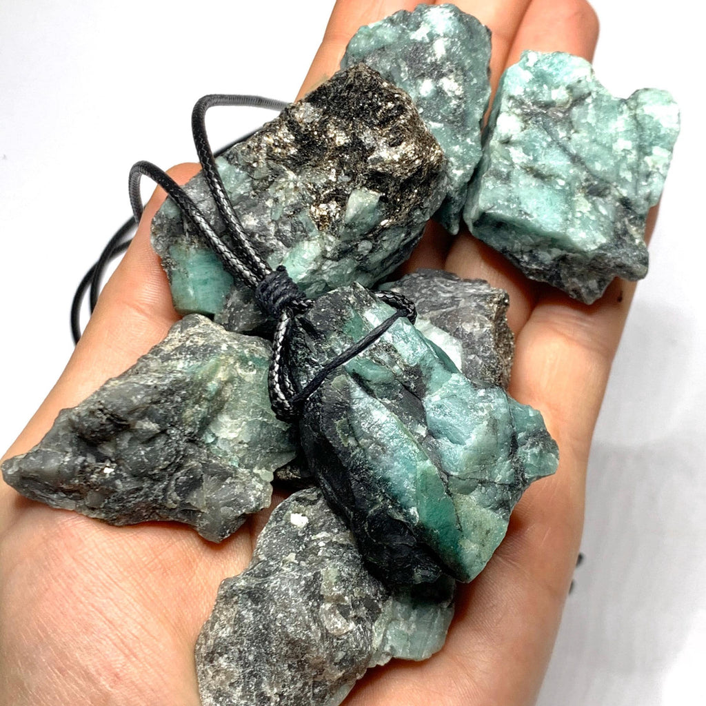 Natural Raw Emerald Pendant Necklace with Adjustable Cord