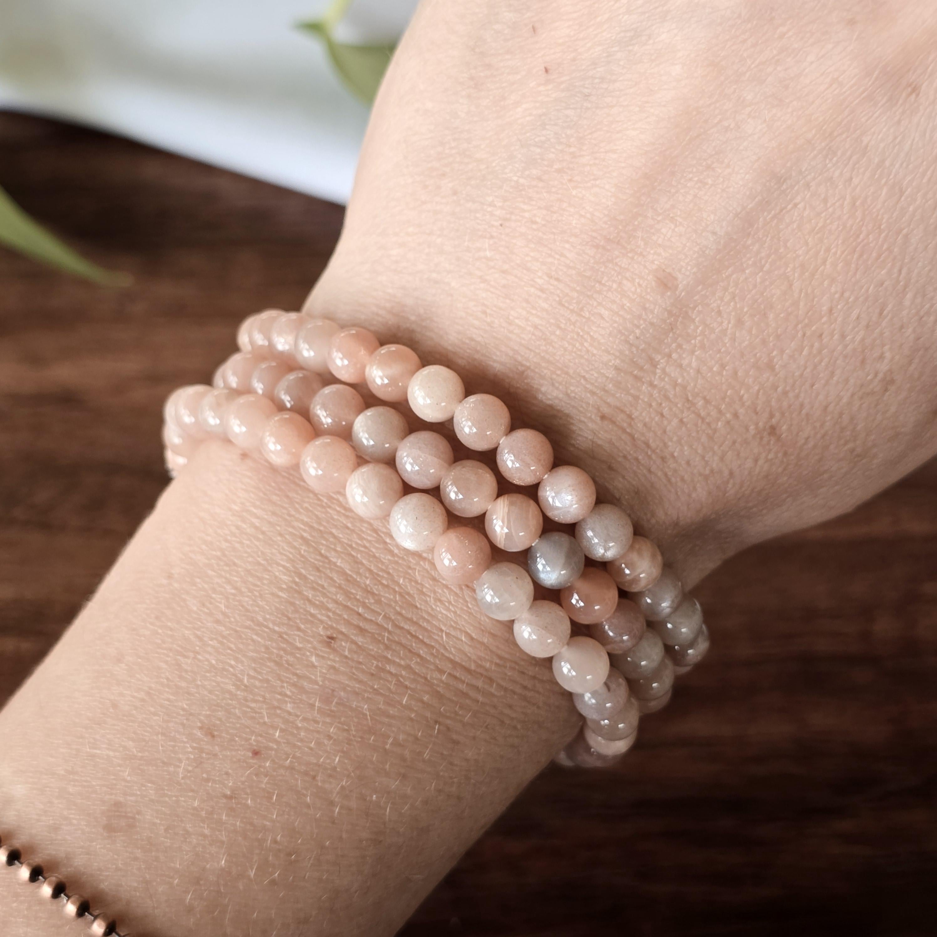 Peach Moonstone Crystal Bracelet, Handmade 6mm Beaded Bracelet