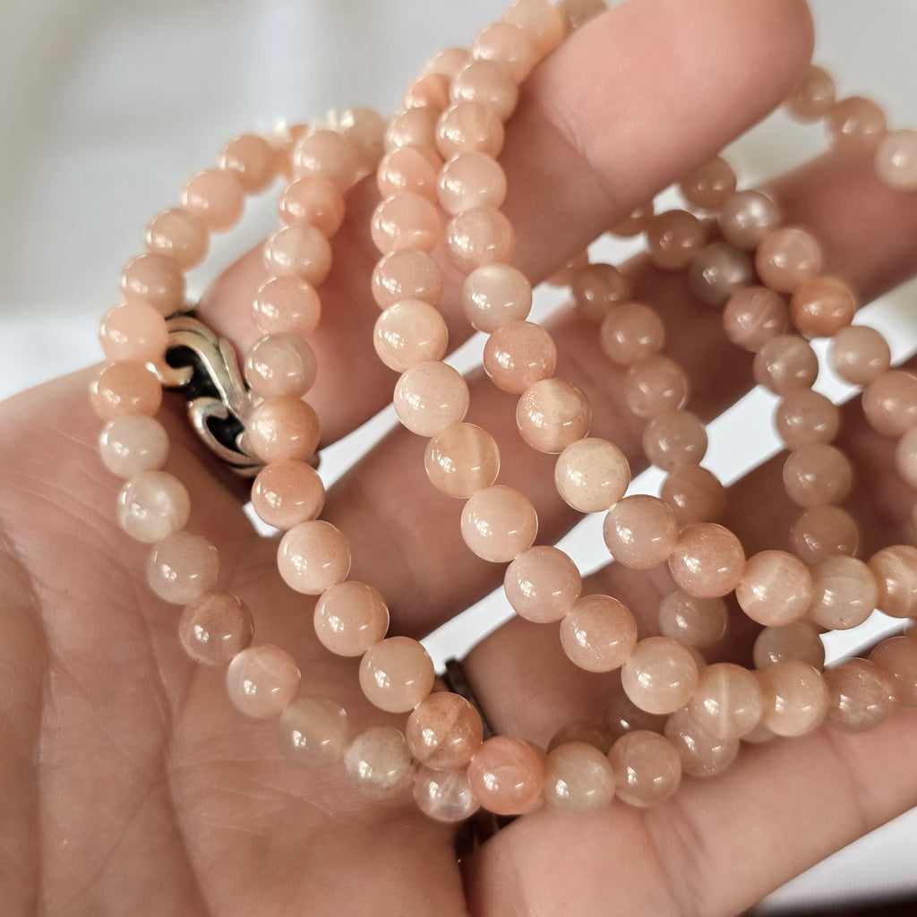 Peach Moonstone Crystal Bracelet, Handmade 6mm Beaded Bracelet