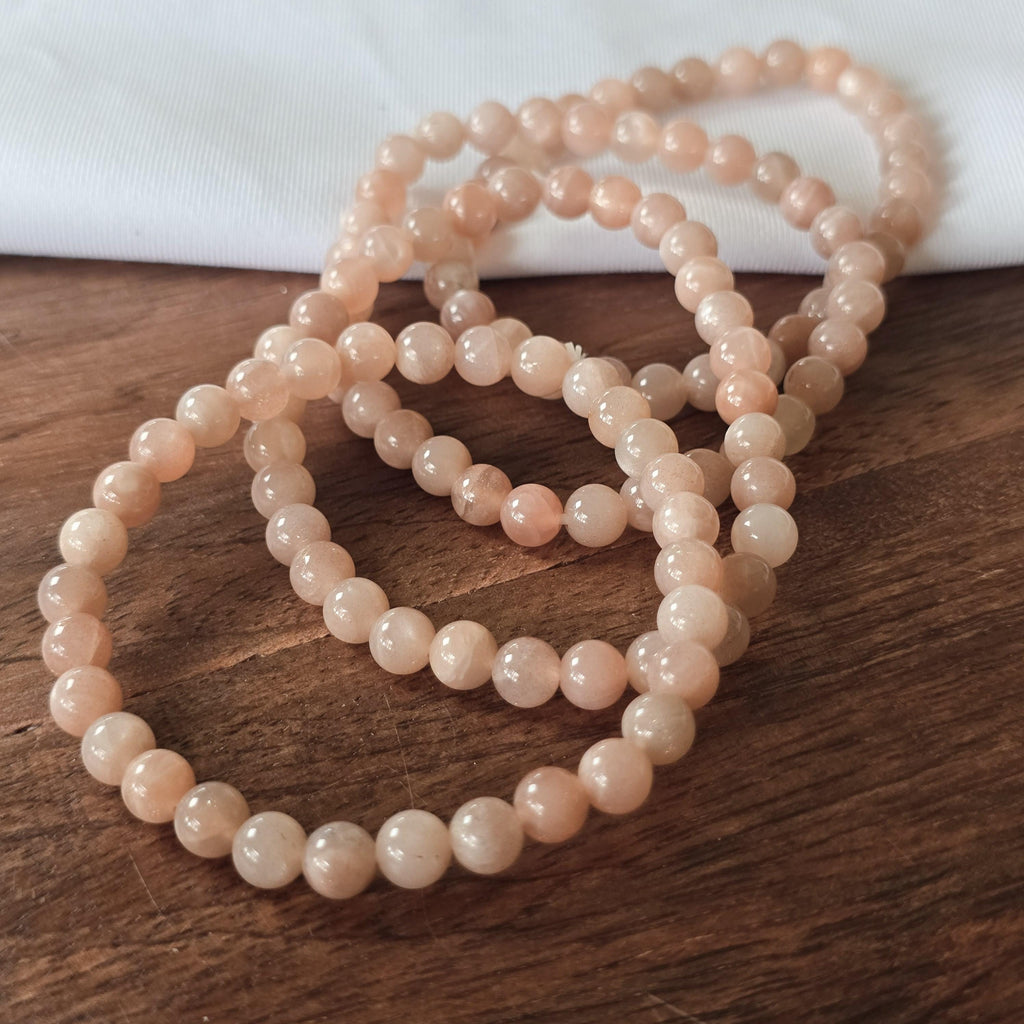 Peach Moonstone Crystal Bracelet, Handmade 6mm Beaded Bracelet