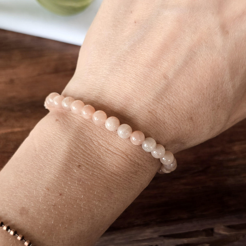 Peach Moonstone Crystal Bracelet, Handmade 6mm Beaded Bracelet