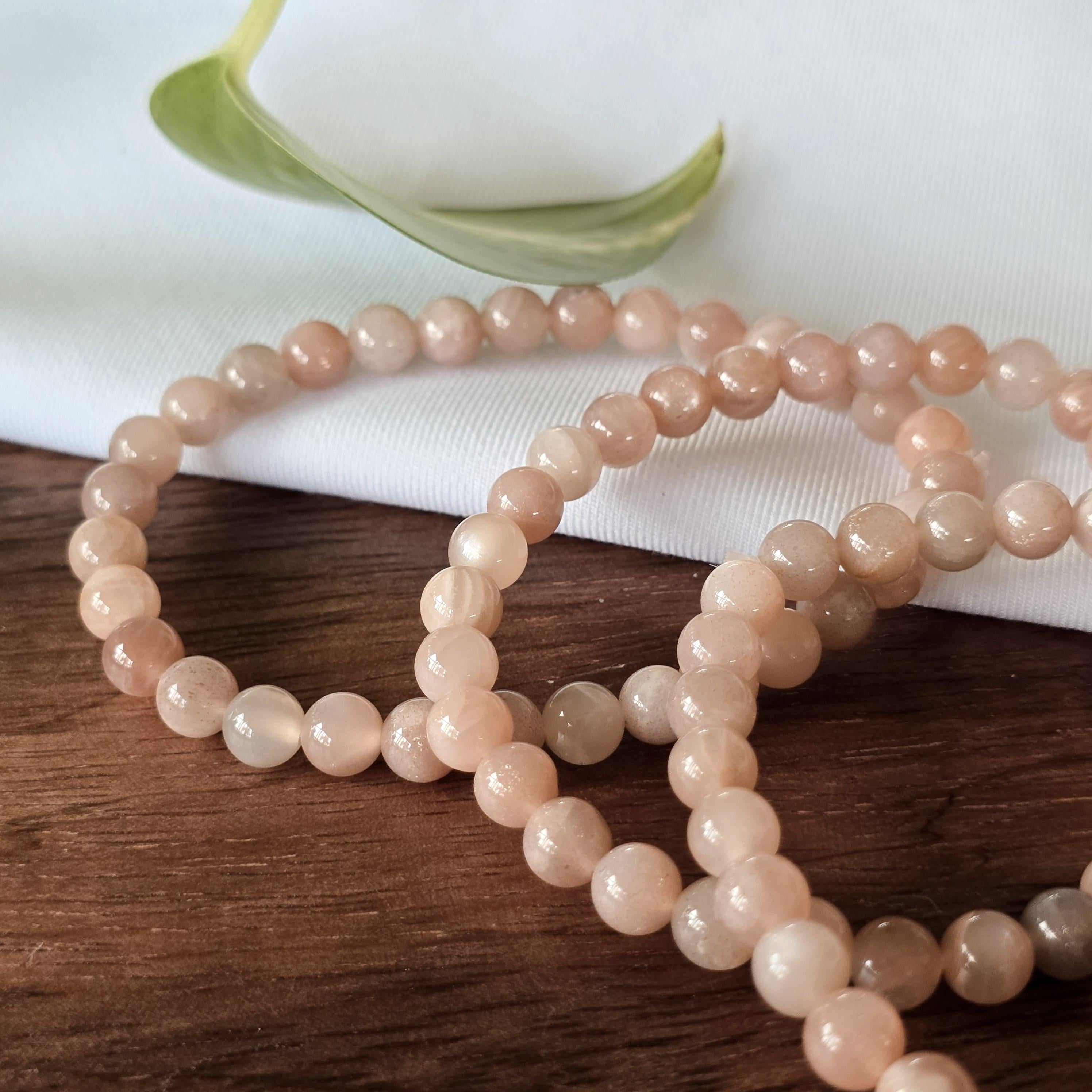 Peach Moonstone Crystal Bracelet, Handmade 6mm Beaded Bracelet