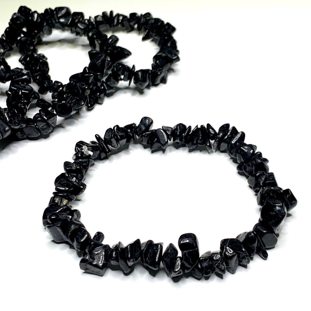 Black Tourmaline Crystal Chips Bracelet: Gemstone Beaded Stretch Bracelet