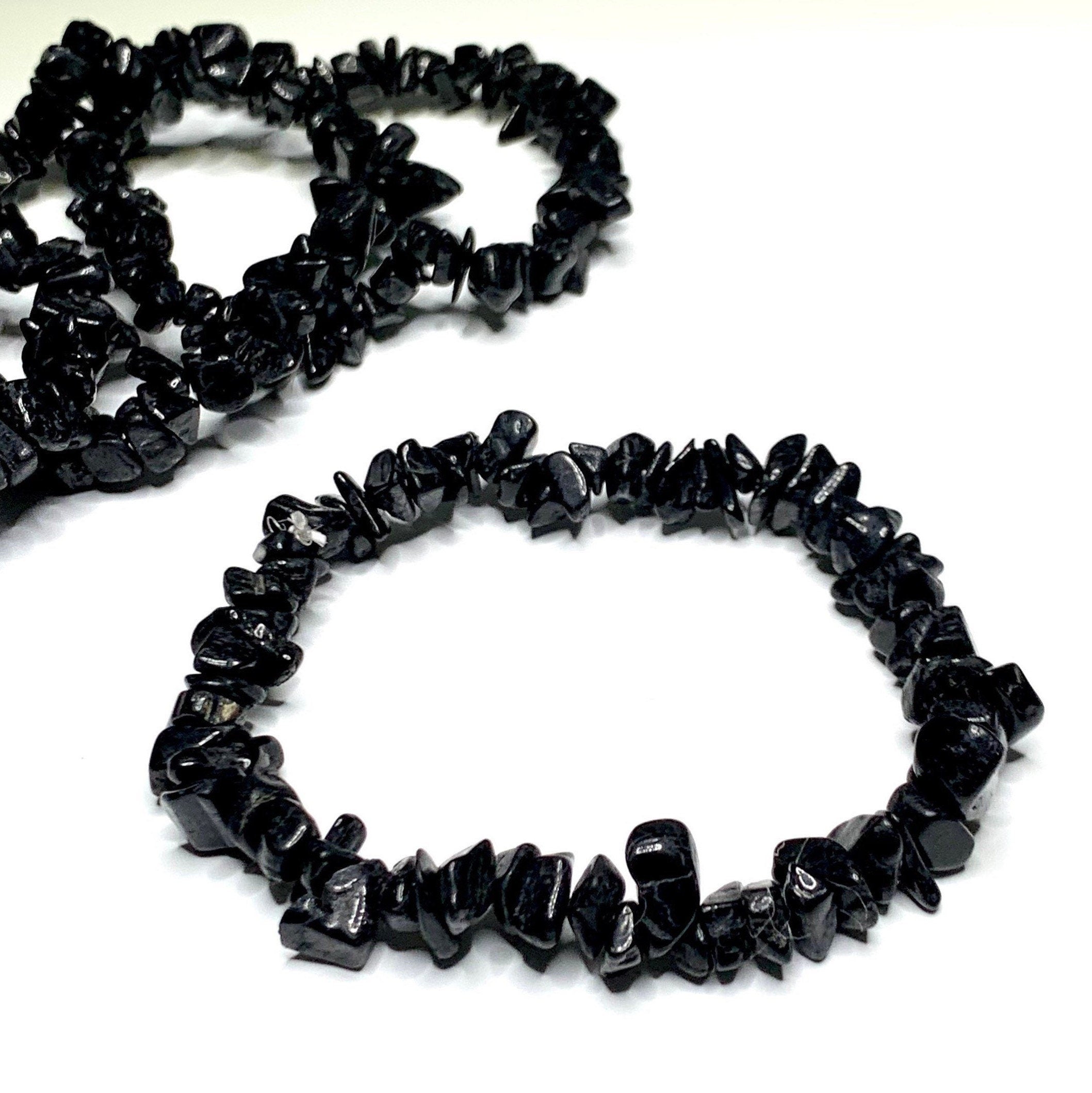 Black Tourmaline Crystal Chips Bracelet: Gemstone Beaded Stretch Bracelet