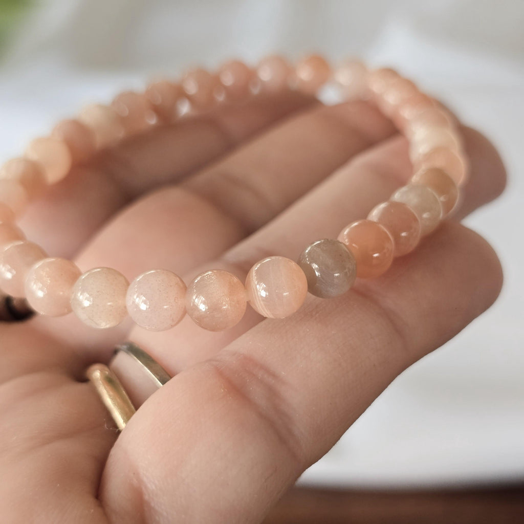 Peach Moonstone Crystal Bracelet, Handmade 6mm Beaded Bracelet
