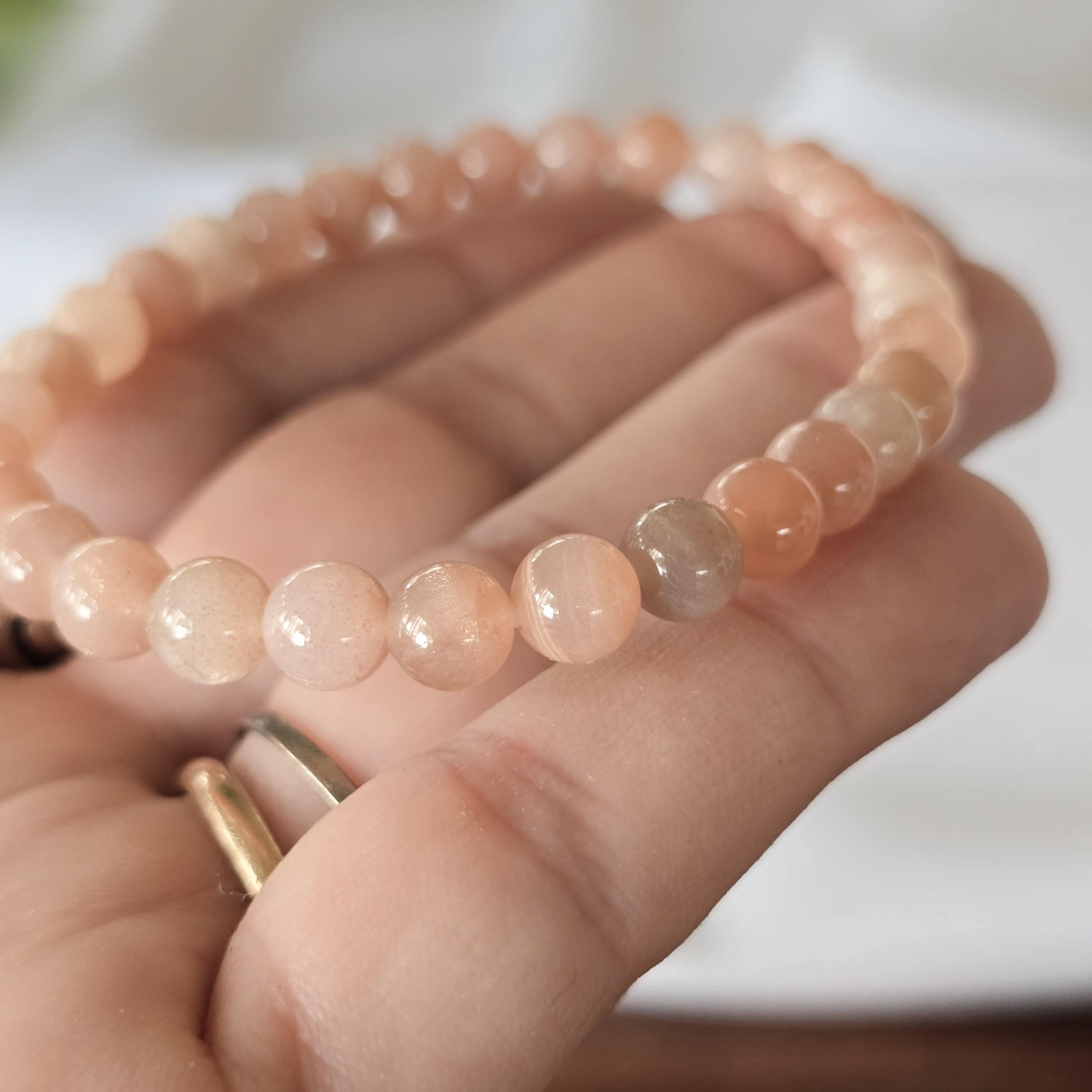 Peach Moonstone Crystal Bracelet, Handmade 6mm Beaded Bracelet
