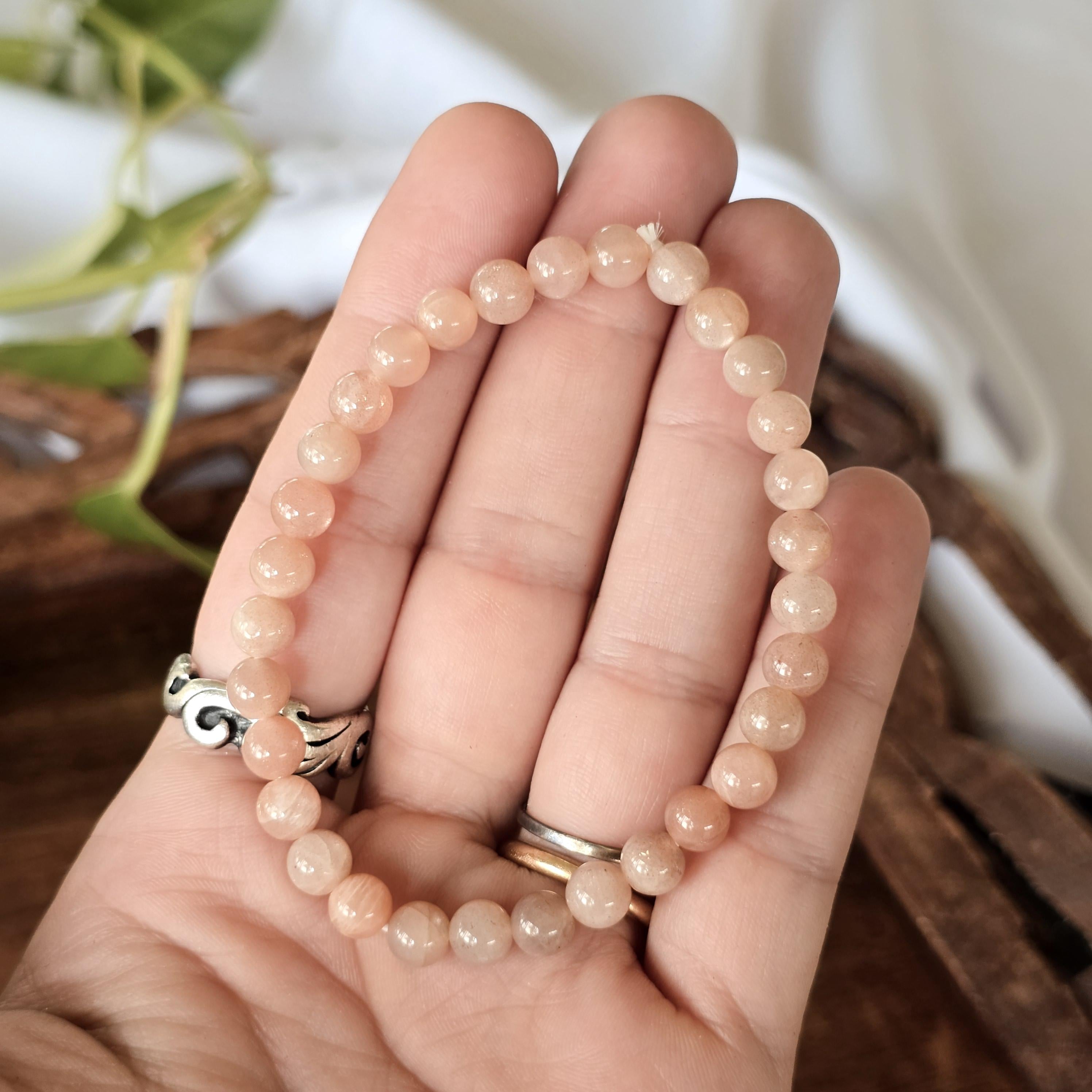 Peach Moonstone Crystal Bracelet, Handmade 6mm Beaded Bracelet