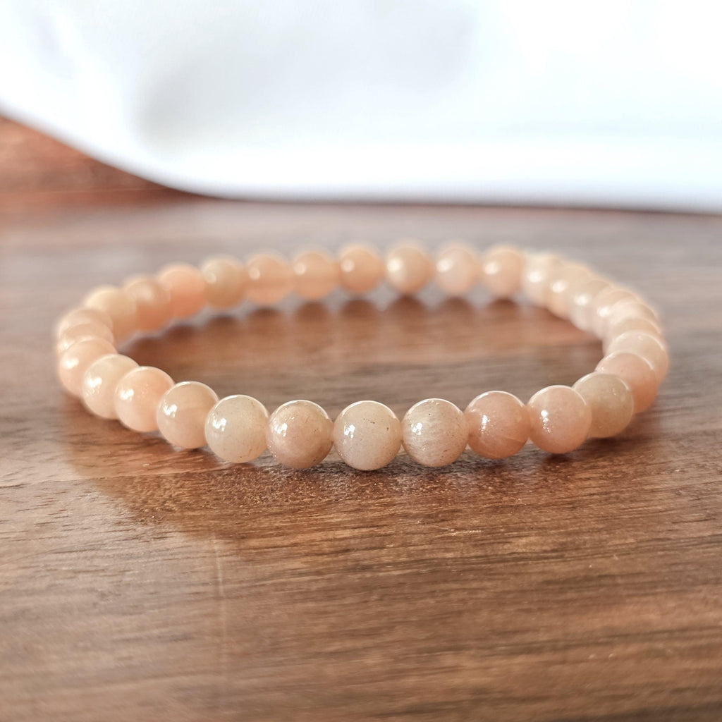 Peach Moonstone Crystal Bracelet, Handmade 6mm Beaded Bracelet
