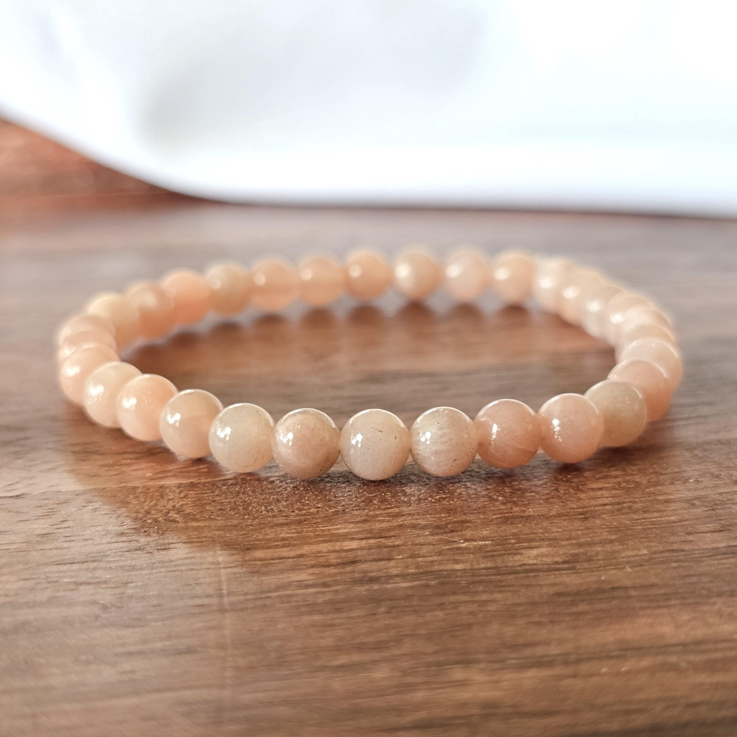 Peach Moonstone Crystal Bracelet, Handmade 6mm Beaded Bracelet