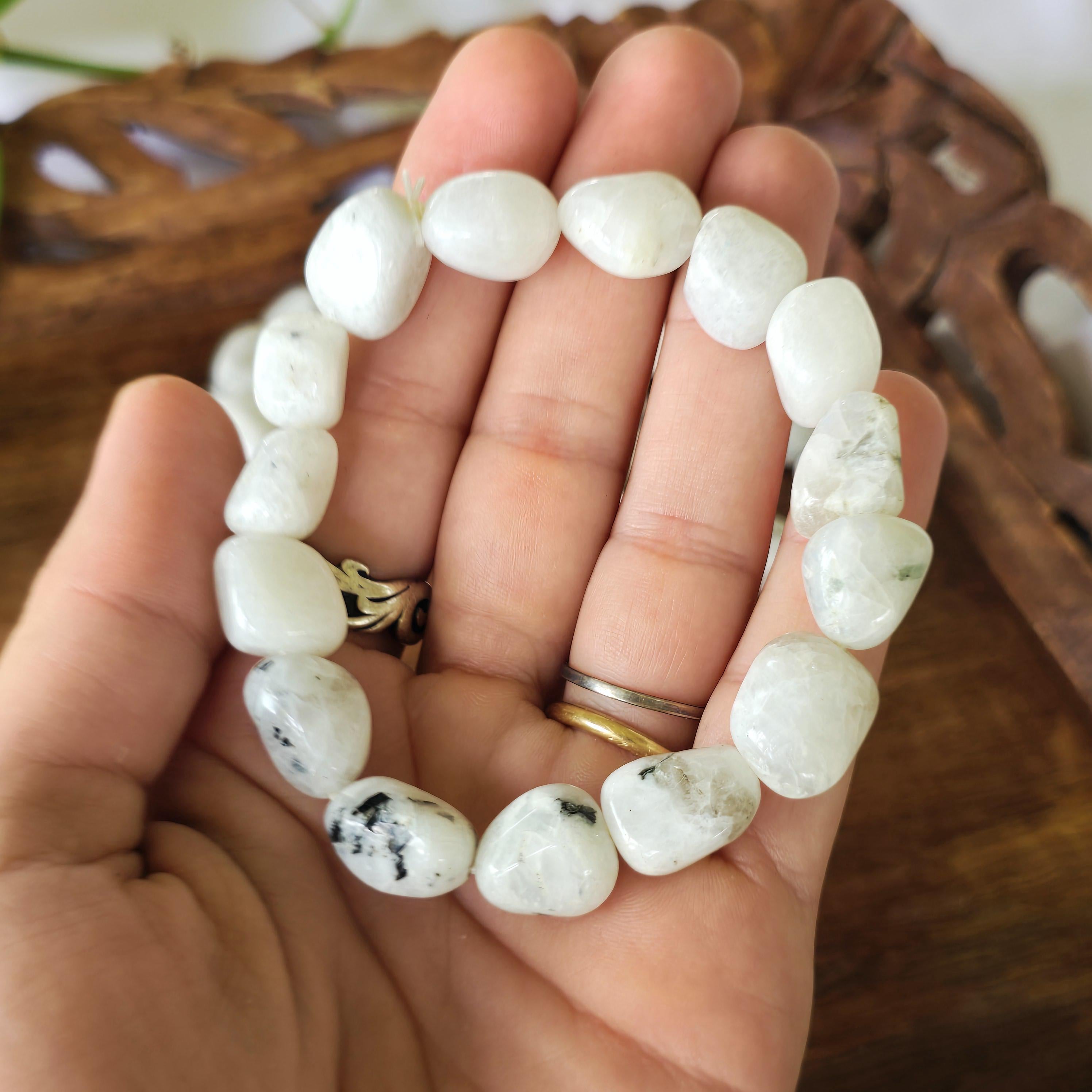 Rainbow Moonstone Crystal Bracelet, Large Handmade Tumbled Bracelet