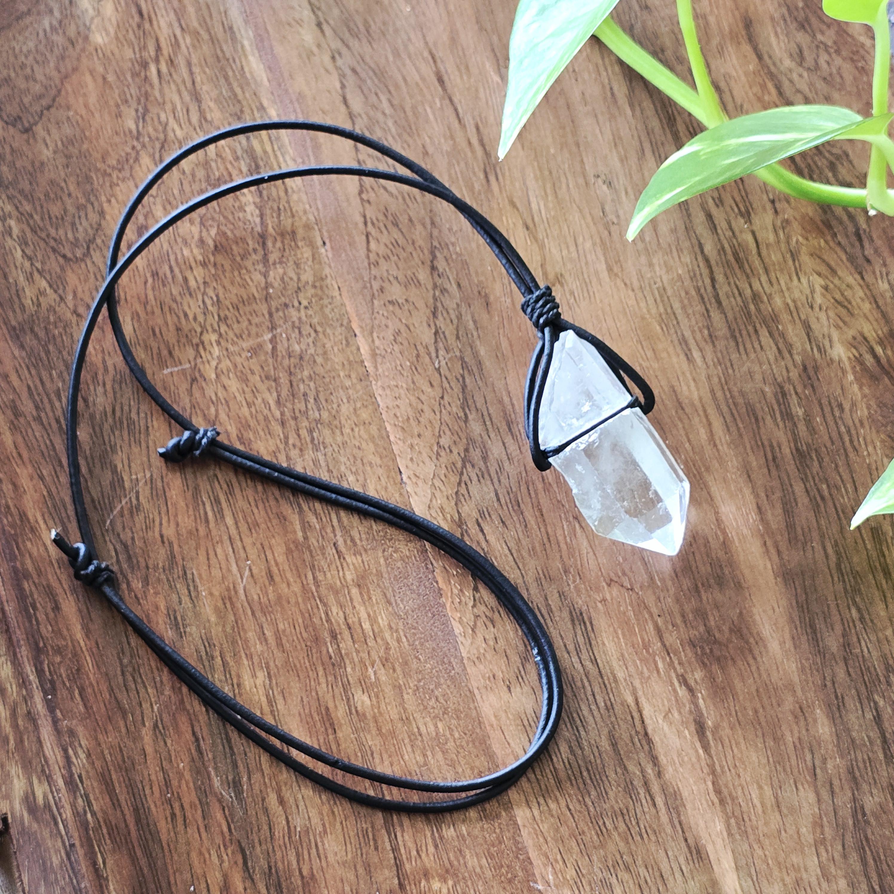 Clear Quartz Crystal Cord Necklace, Personalized Gemstone Pendant Necklace