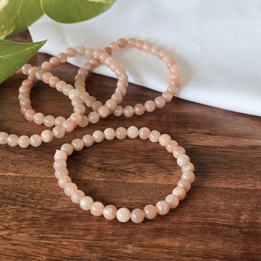 Peach Moonstone Crystal Bracelet, Handmade 6mm Beaded Bracelet