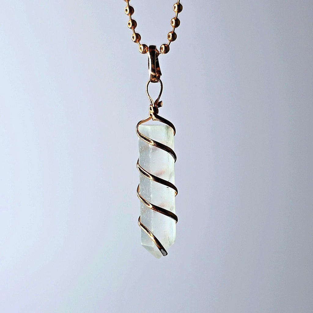 Selenite Wire Wrap Crystal Necklace - Copper Wrapped Gemstone Pendant with Chain