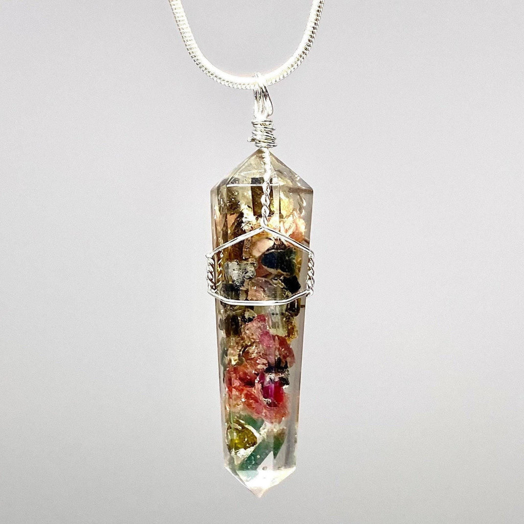Watermelon Tourmaline Orgonite Pendant Necklace: Wire Wrapped Resin