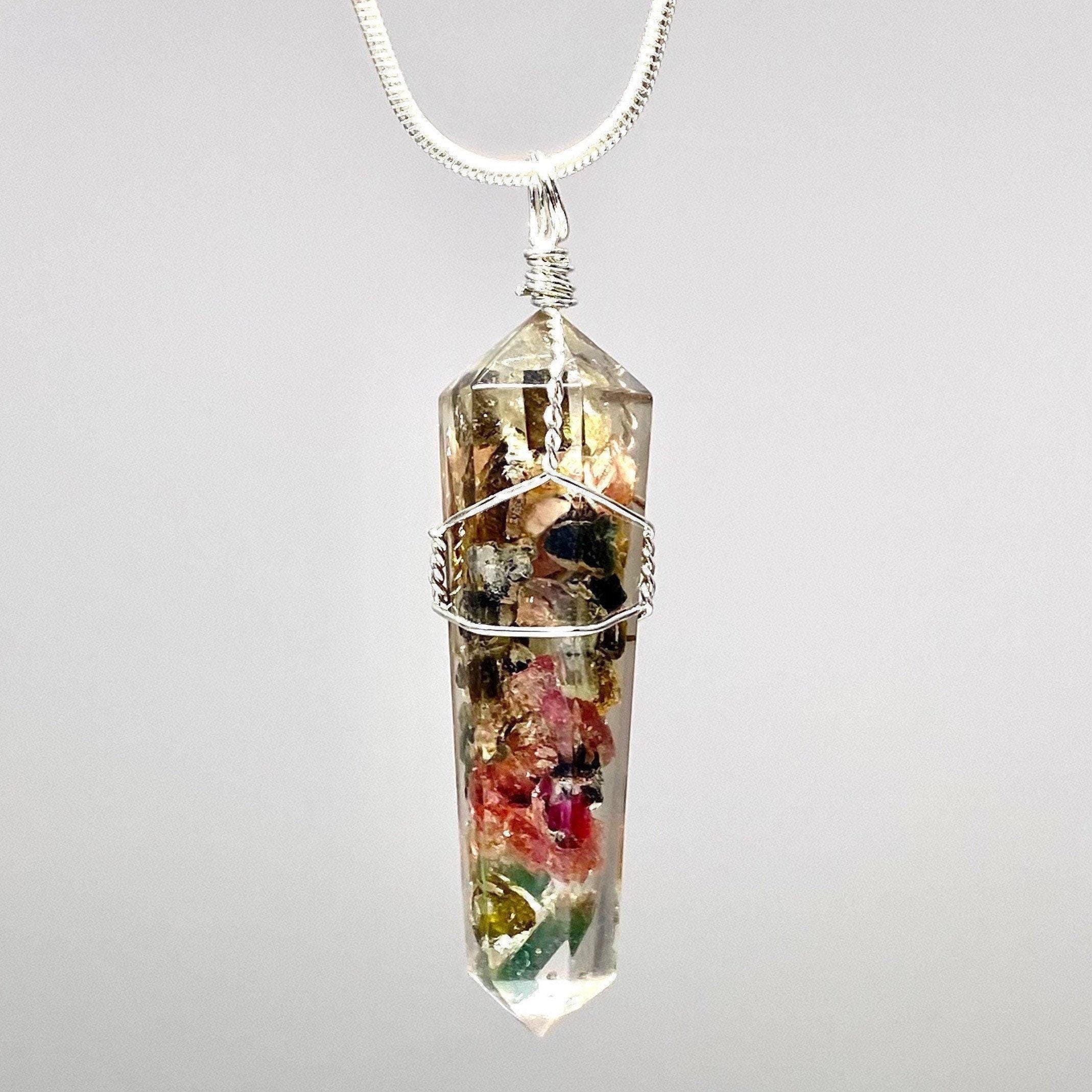 Watermelon Tourmaline Orgonite Pendant Necklace: Wire Wrapped Resin