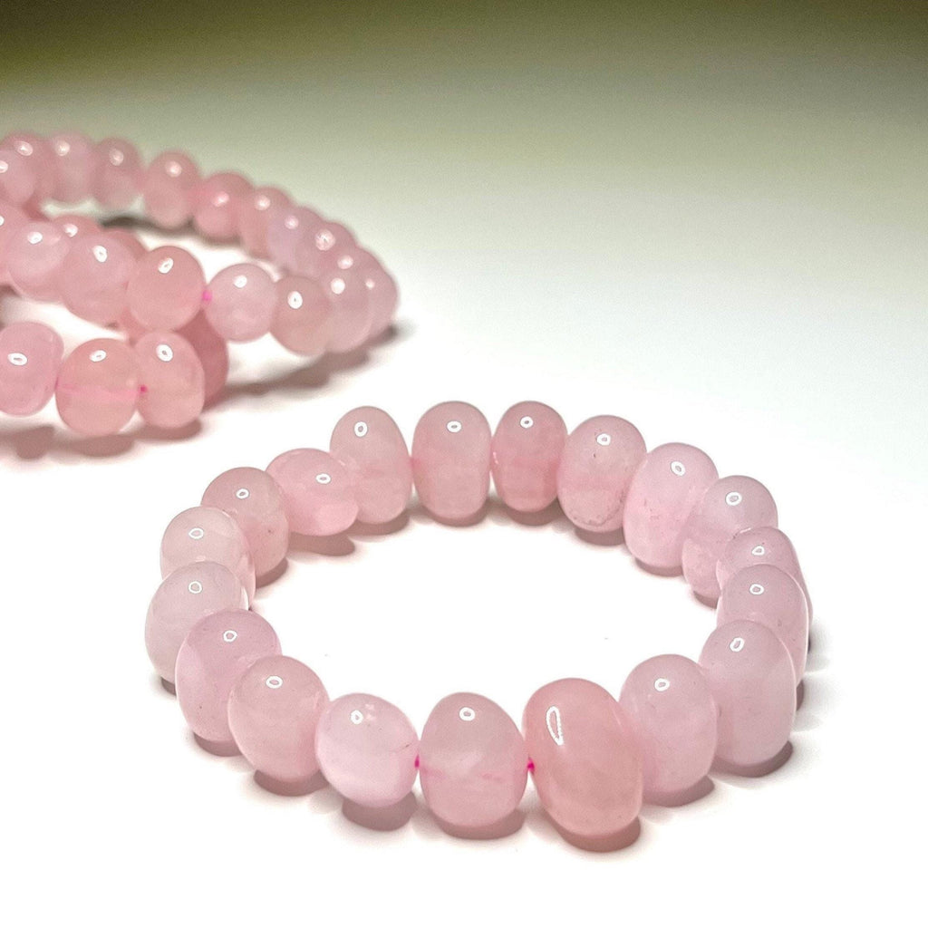 Rose Quartz Jelly Bean Bracelet: 9mm Gemstone Beaded Stretch Bracelet