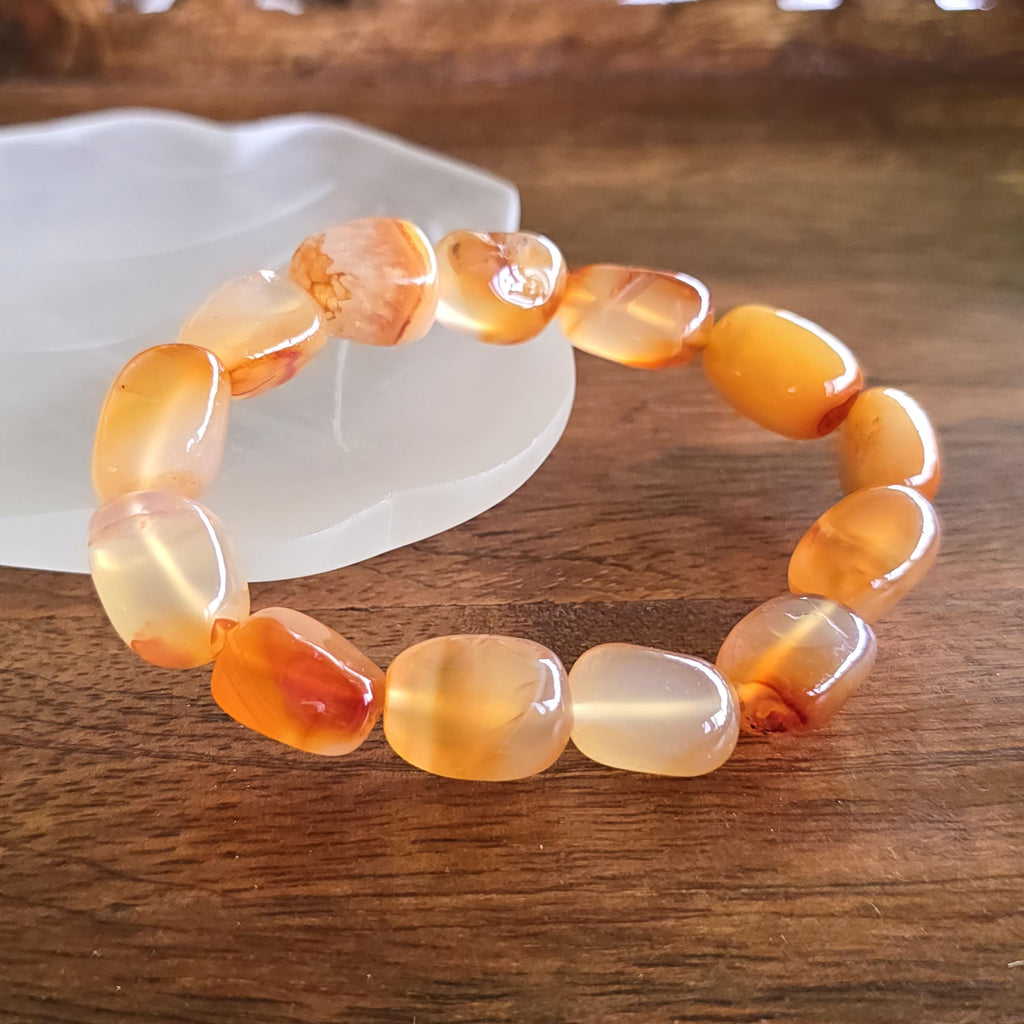 Carnelian Crystal Bracelet - 12mm Jelly Bean Gemstone Beaded Bracelet