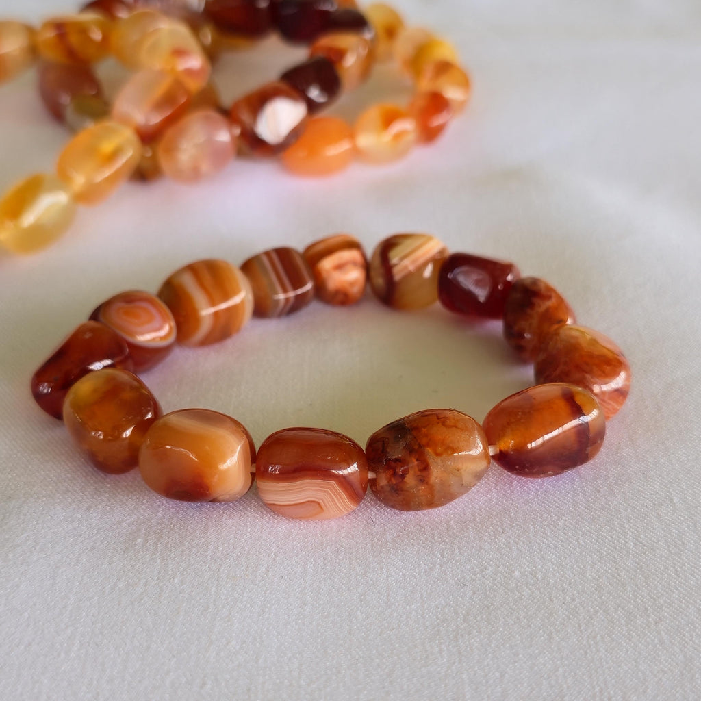 Carnelian Crystal Bracelet - 12mm Jelly Bean Gemstone Beaded Bracelet