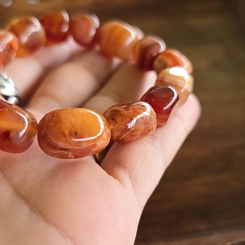 Carnelian Crystal Bracelet - 12mm Jelly Bean Gemstone Beaded Bracelet