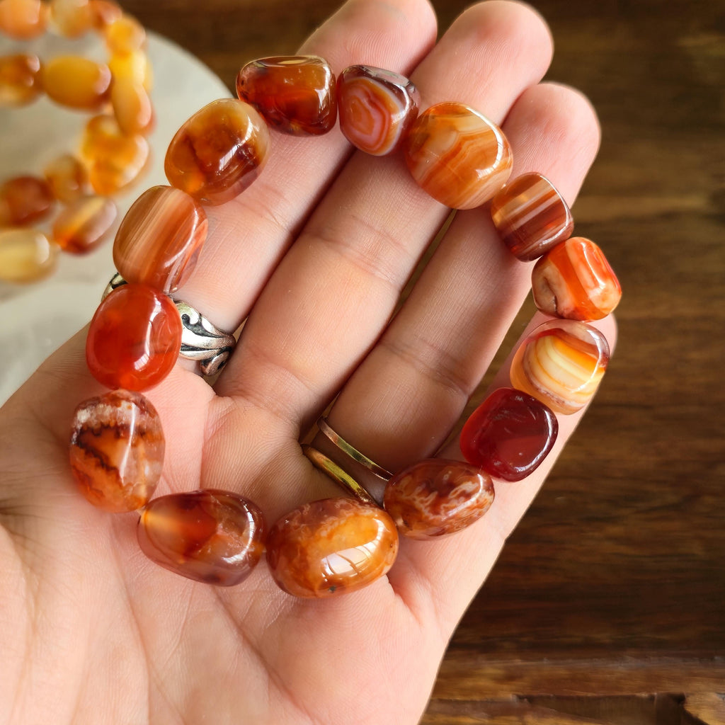 Carnelian Crystal Bracelet - 12mm Jelly Bean Gemstone Beaded Bracelet