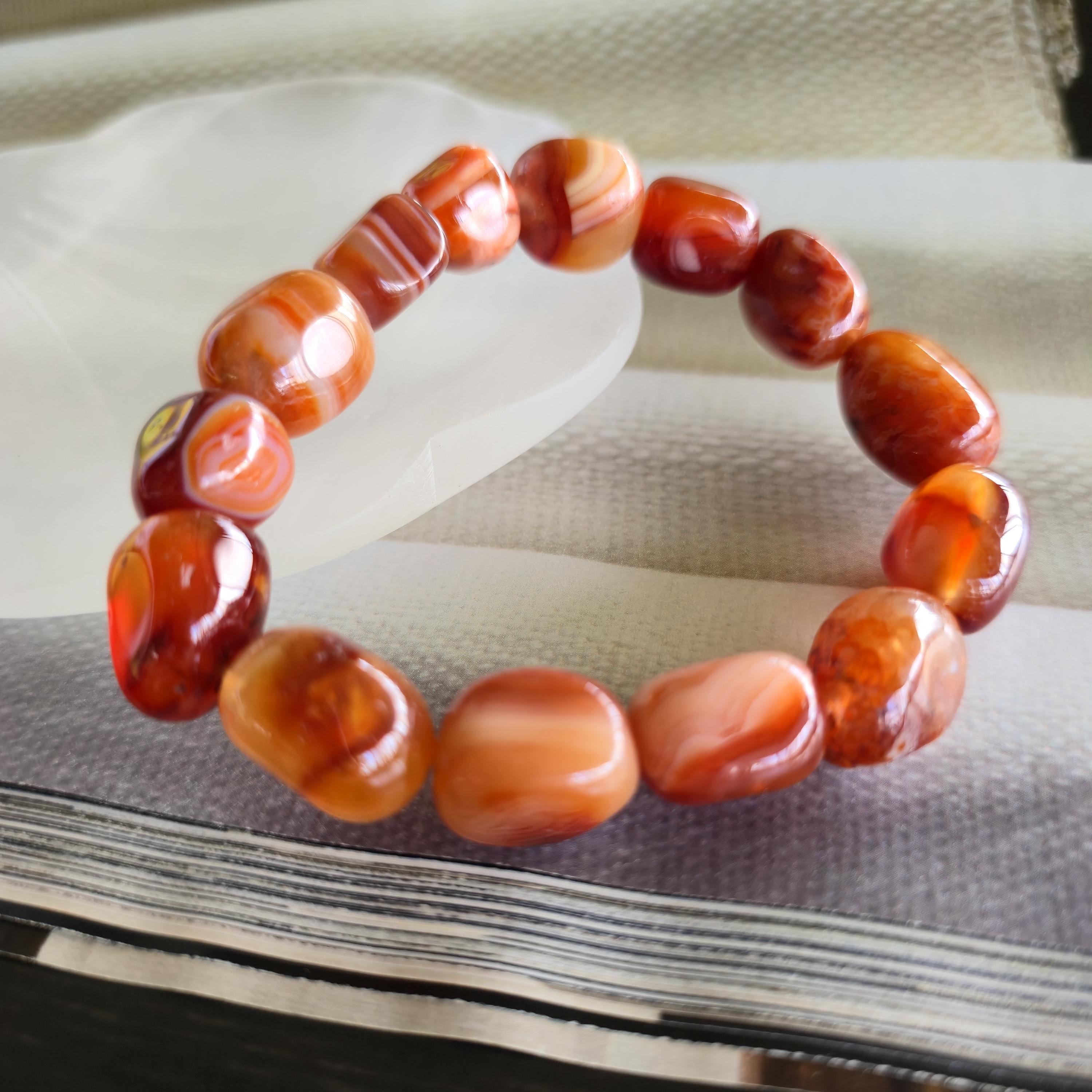 Carnelian Crystal Bracelet - 12mm Jelly Bean Gemstone Beaded Bracelet