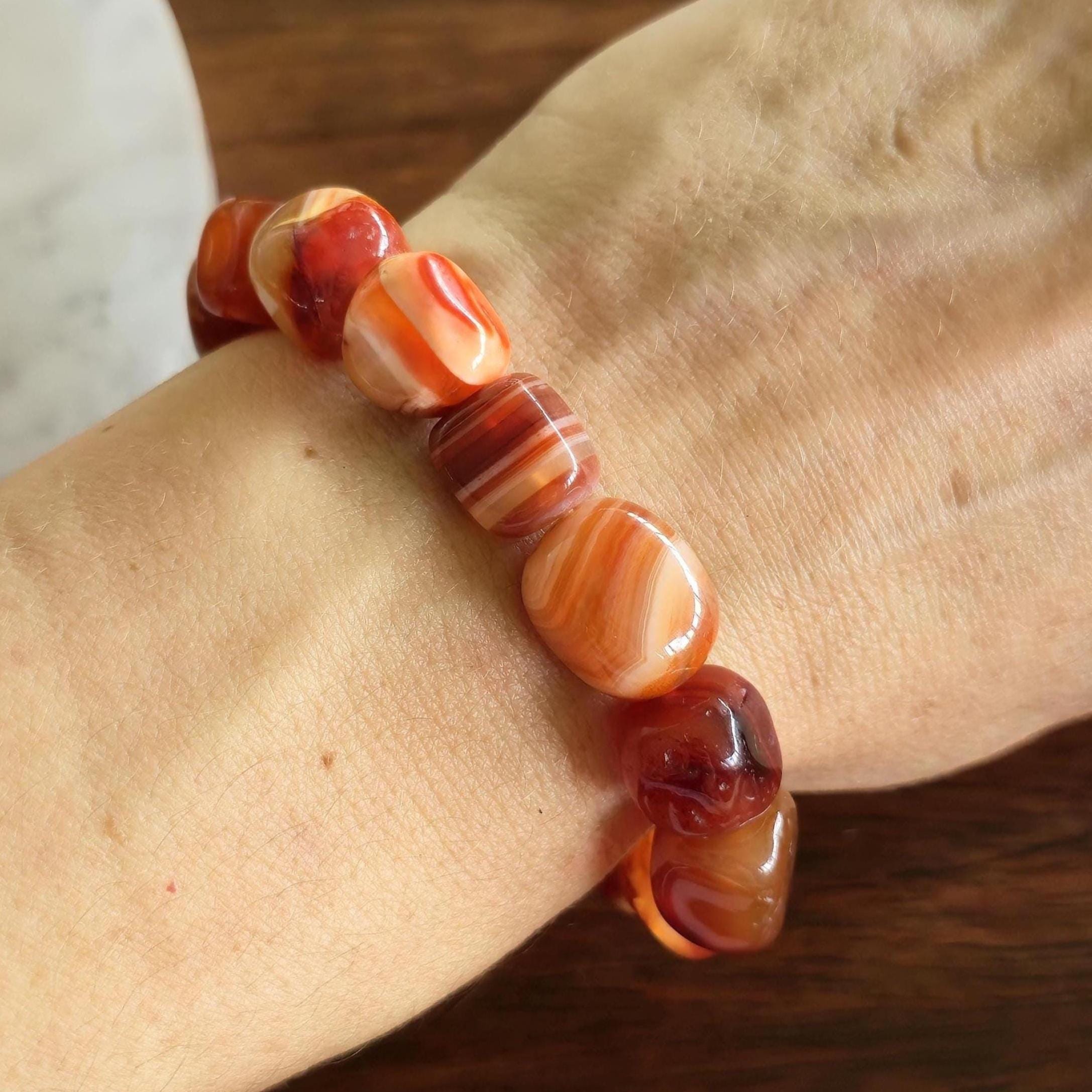 Carnelian Crystal Bracelet - 12mm Jelly Bean Gemstone Beaded Bracelet