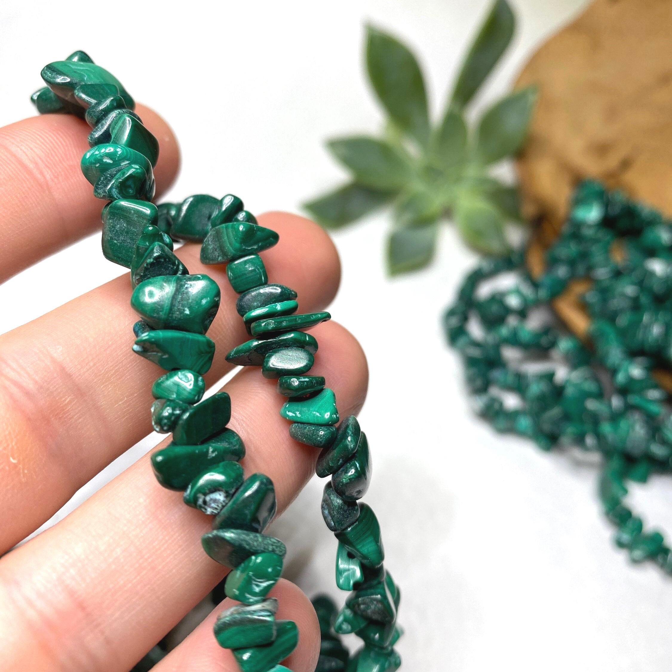 Malachite Long Crystal Necklace, 36" Green Gemstone Chips Necklace