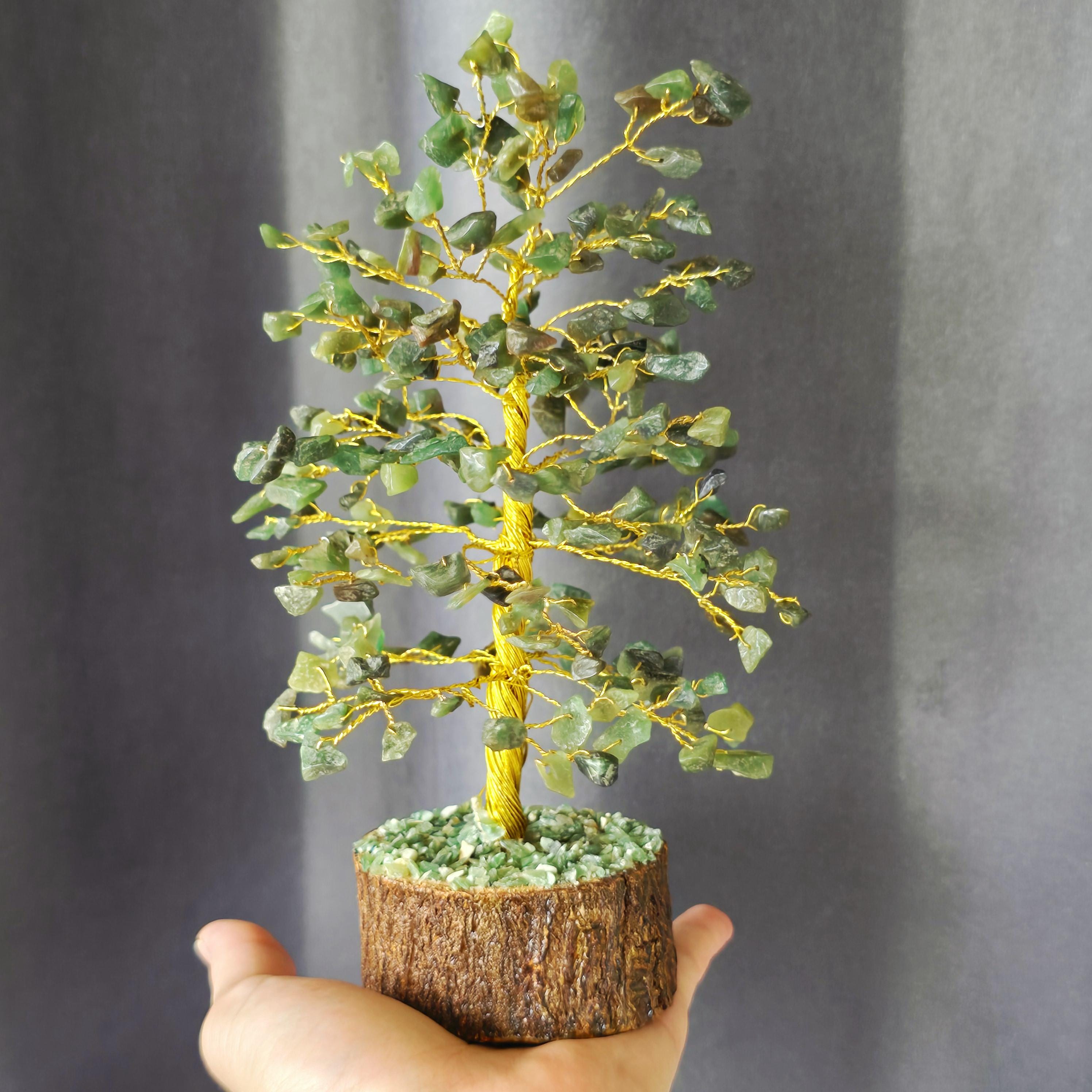 Green Aventurine Crystal Wire Tree, Gemstone Money Tree with 100-300 Chips and Wood Base,