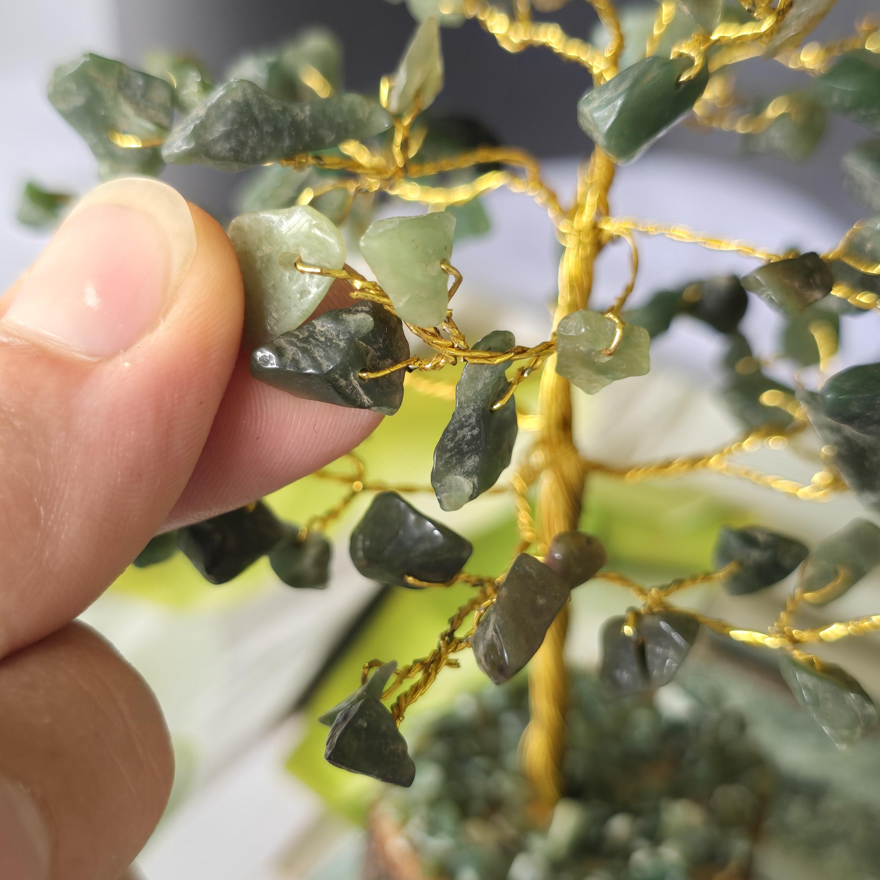 Green Aventurine Crystal Wire Tree, Gemstone Money Tree with 100-300 Chips and Wood Base,