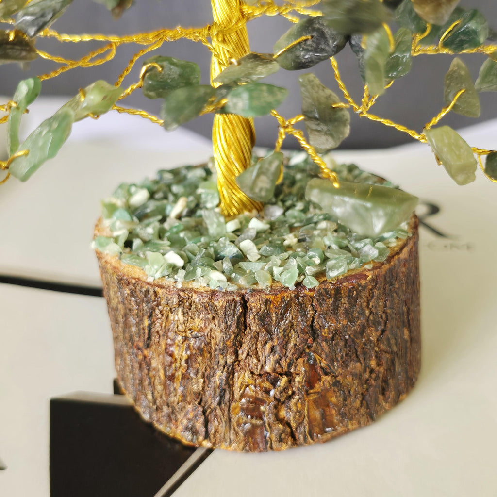 Green Aventurine Crystal Wire Tree, Gemstone Money Tree with 100-300 Chips and Wood Base,