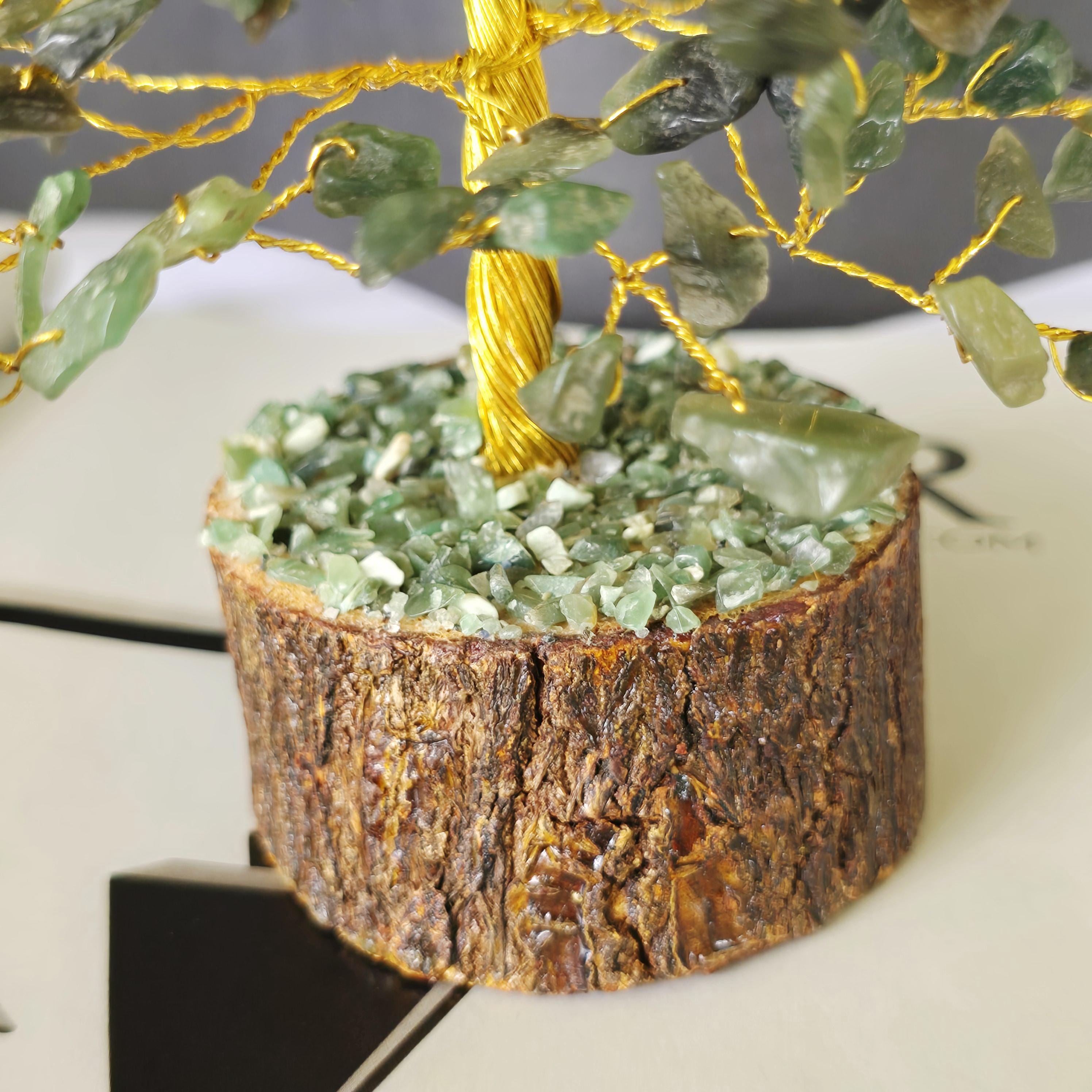 Green Aventurine Crystal Wire Tree, Gemstone Money Tree with 100-300 Chips and Wood Base,