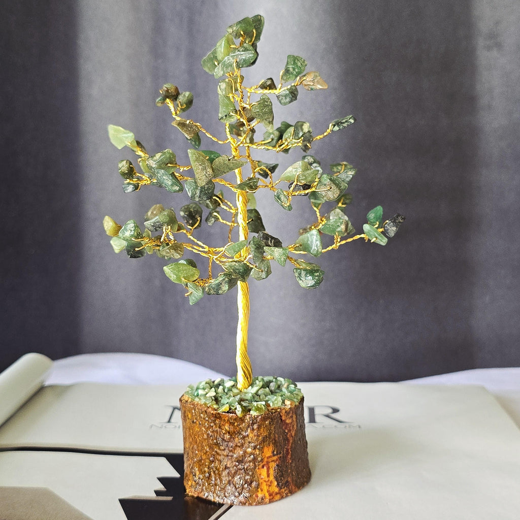 Green Aventurine Crystal Wire Tree, Gemstone Money Tree with 100-300 Chips and Wood Base,