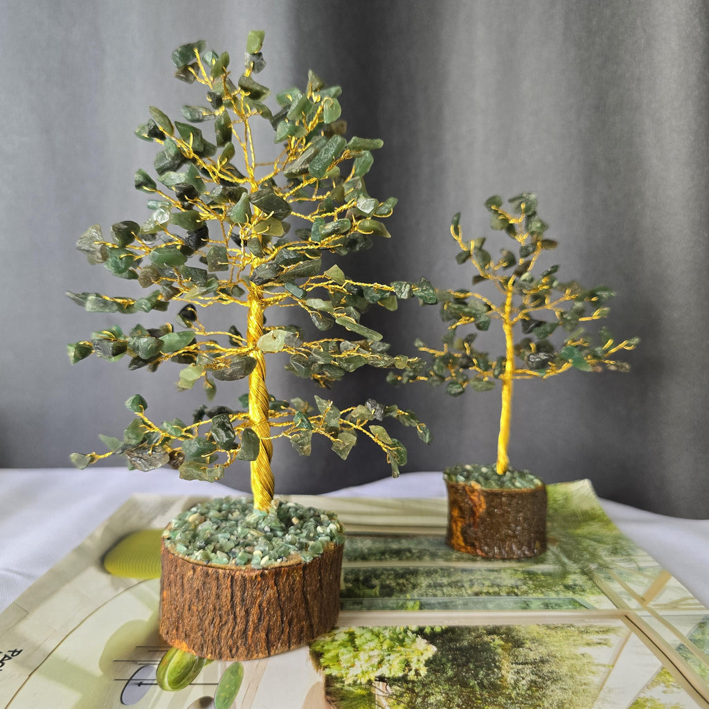 Green Aventurine Crystal Wire Tree, Gemstone Money Tree with 100-300 Chips and Wood Base,
