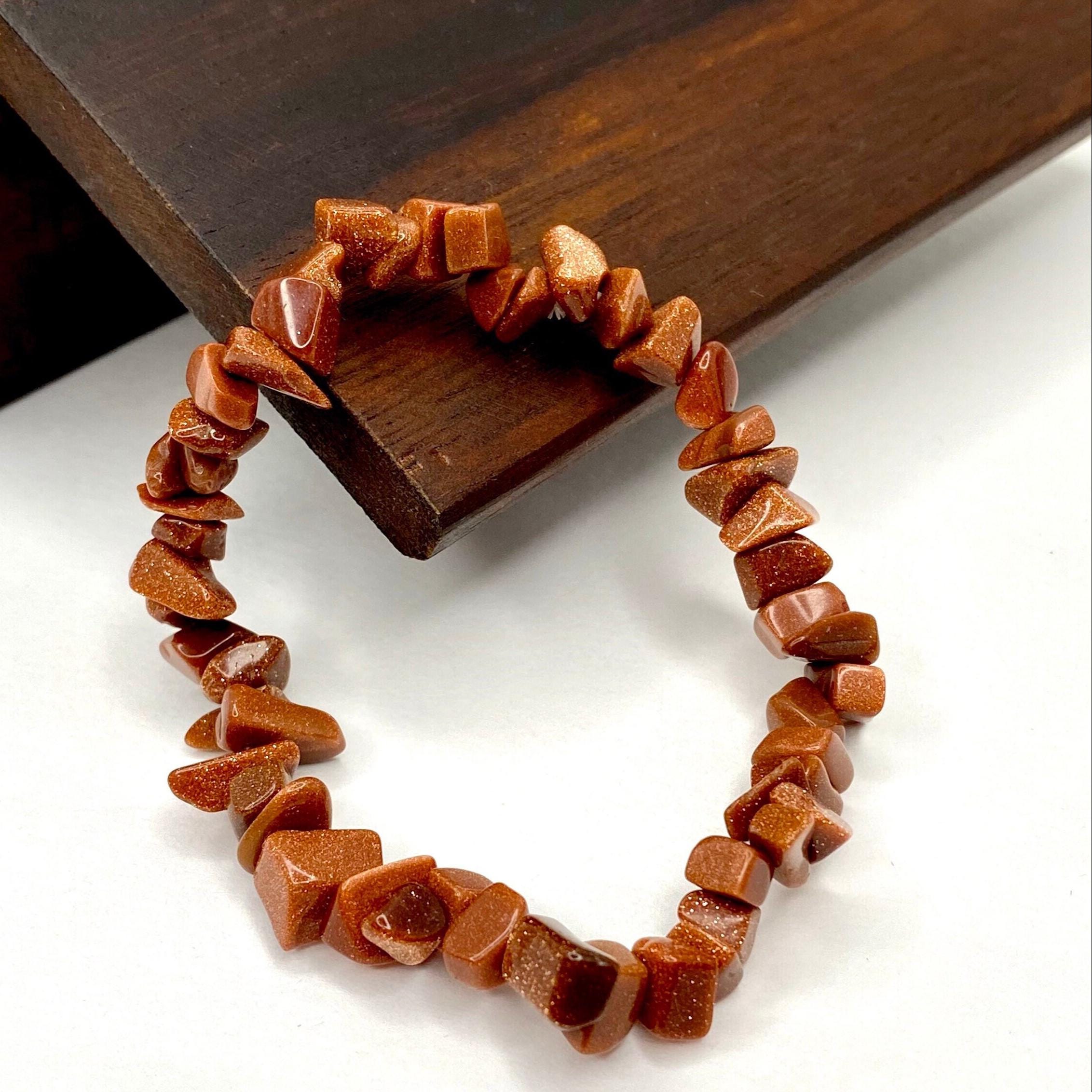 Red Goldstone Beaded Bracelet, Handmade Crystal Chips Stretch Bracelet