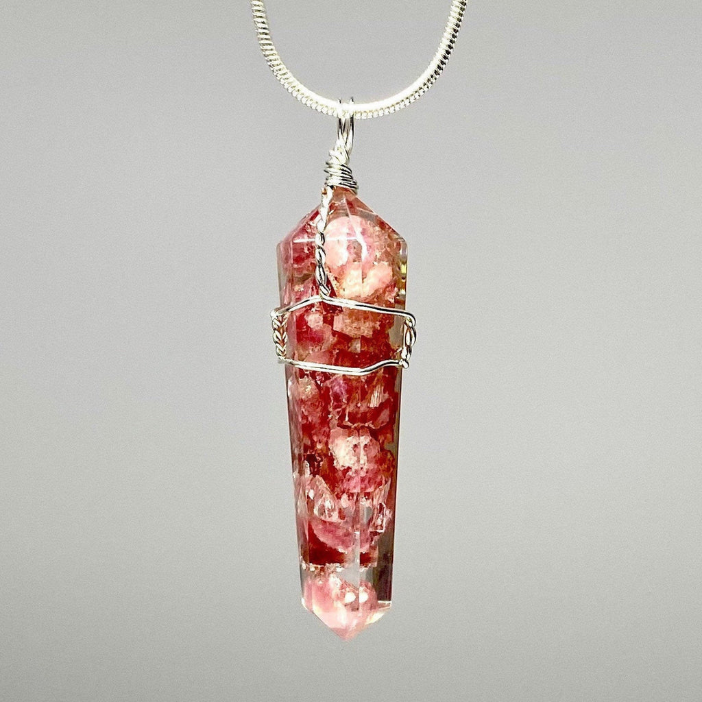 Pink Tourmaline in Orgonite Wire Wrapped Pendant Necklace