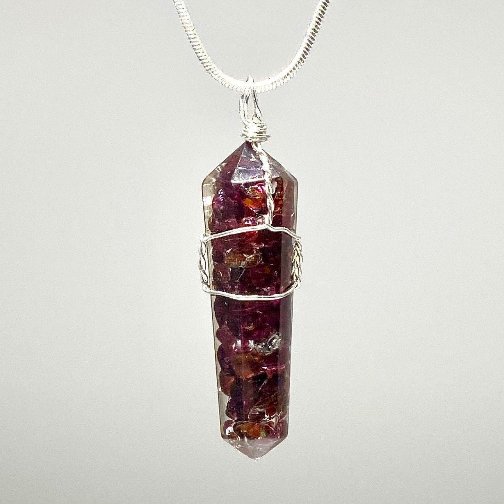 Garnet in Orgonite Wire Wrapped Pendant Necklace