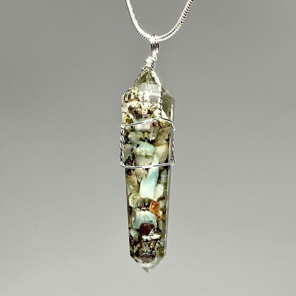 Larimar in Orgonite Wire Wrapped Pendant Necklace