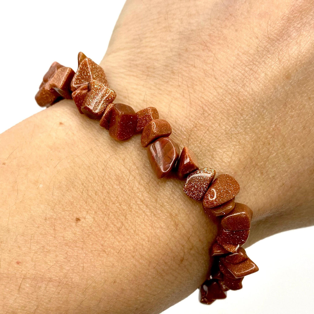 Red Goldstone Beaded Bracelet, Handmade Crystal Chips Stretch Bracelet