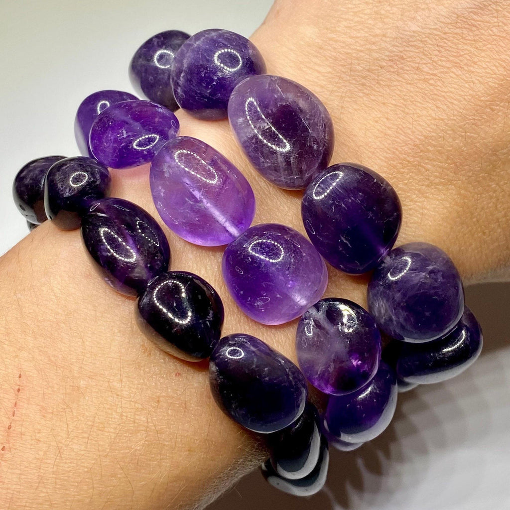 Amethyst Jelly Bean Crystal Bracelet: 10mm Gemstone Beaded Stretch Bracelet