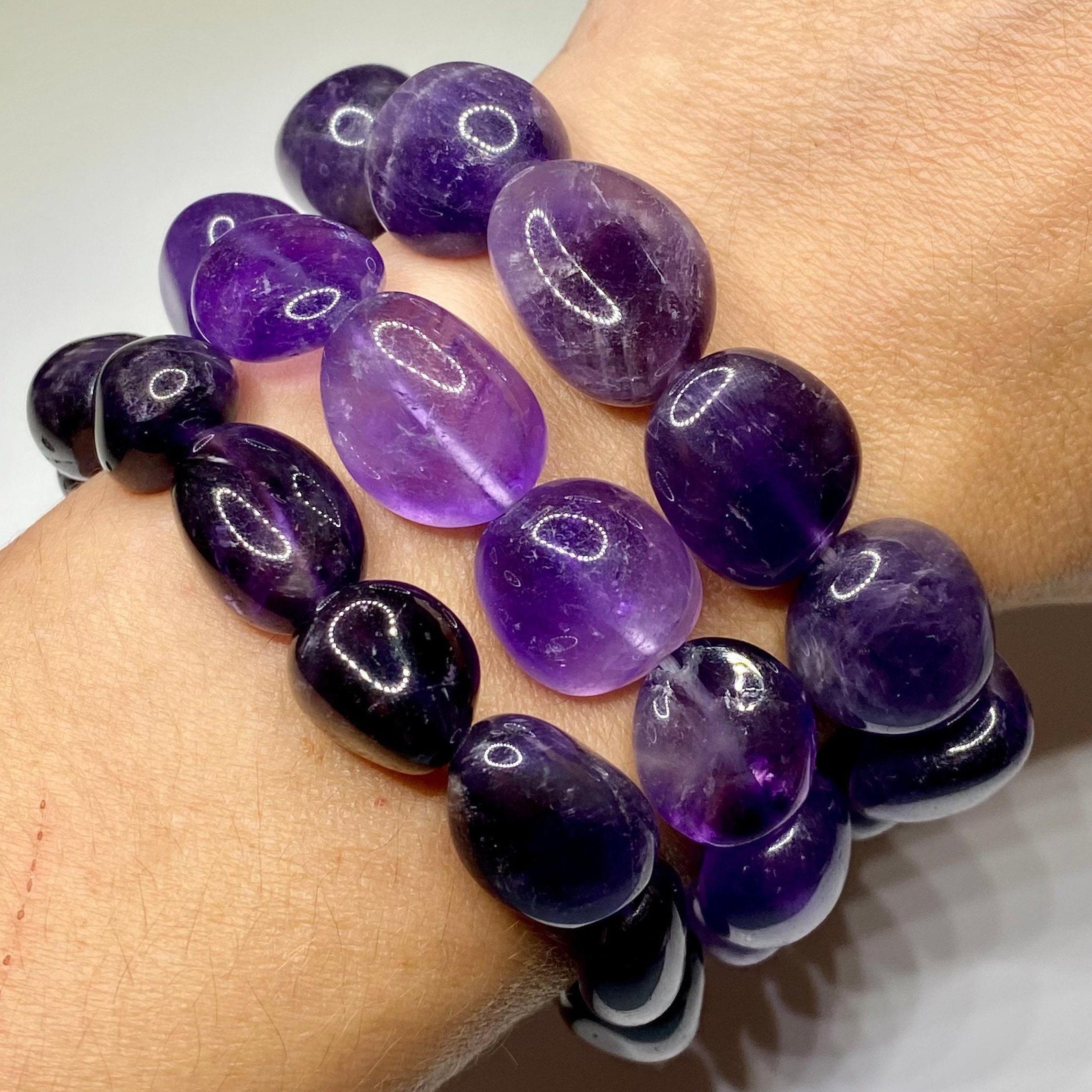 Amethyst Jelly Bean Crystal Bracelet: 10mm Gemstone Beaded Stretch Bracelet