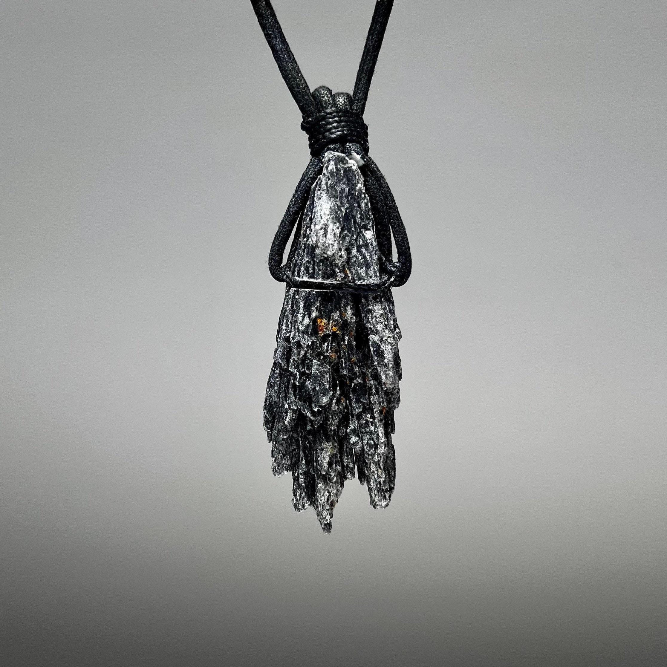 Raw Black Kyanite Pendant Necklace: Handmade Crystal Cord Necklace