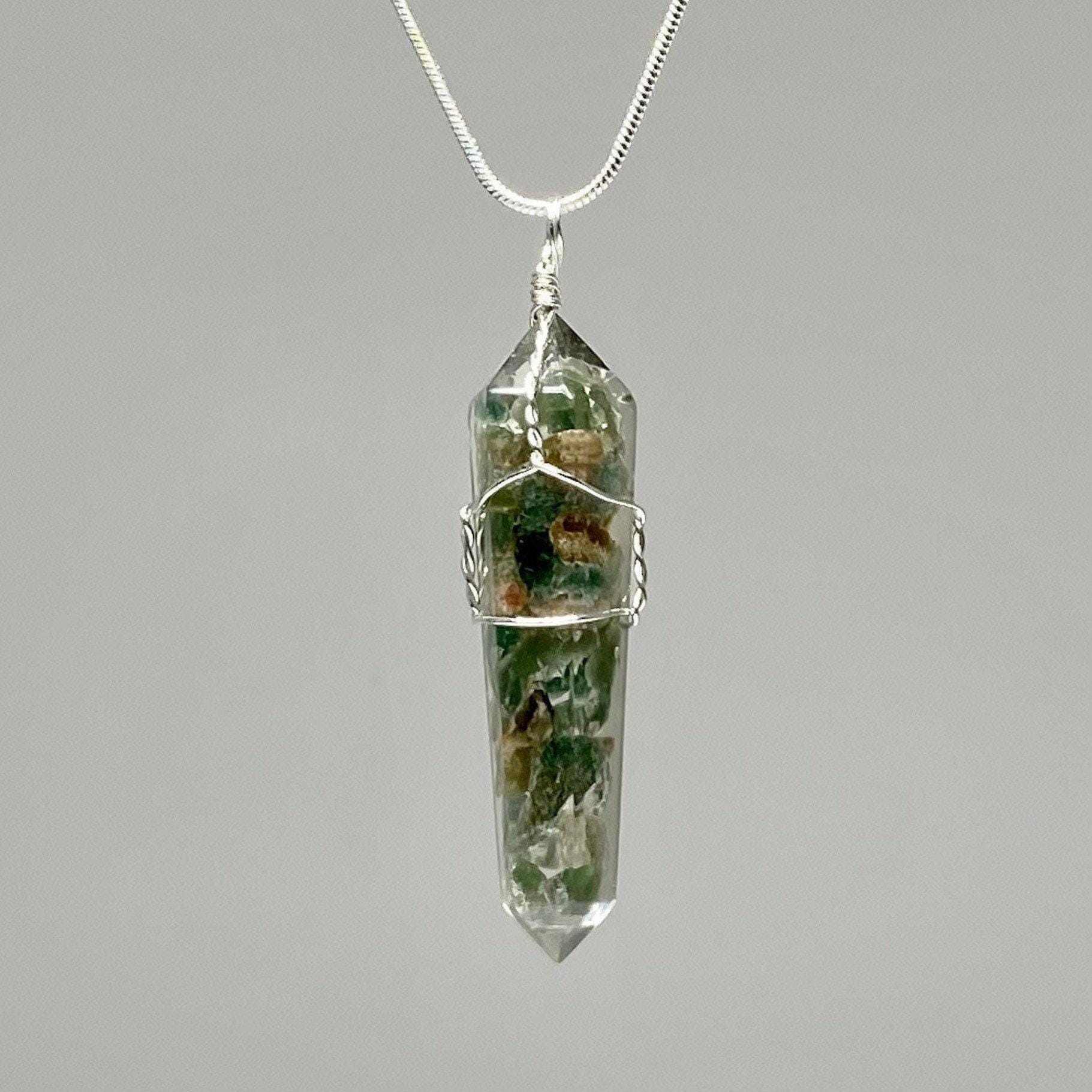 Green Apatite in Orgonite Wire Wrapped Pendant Necklace