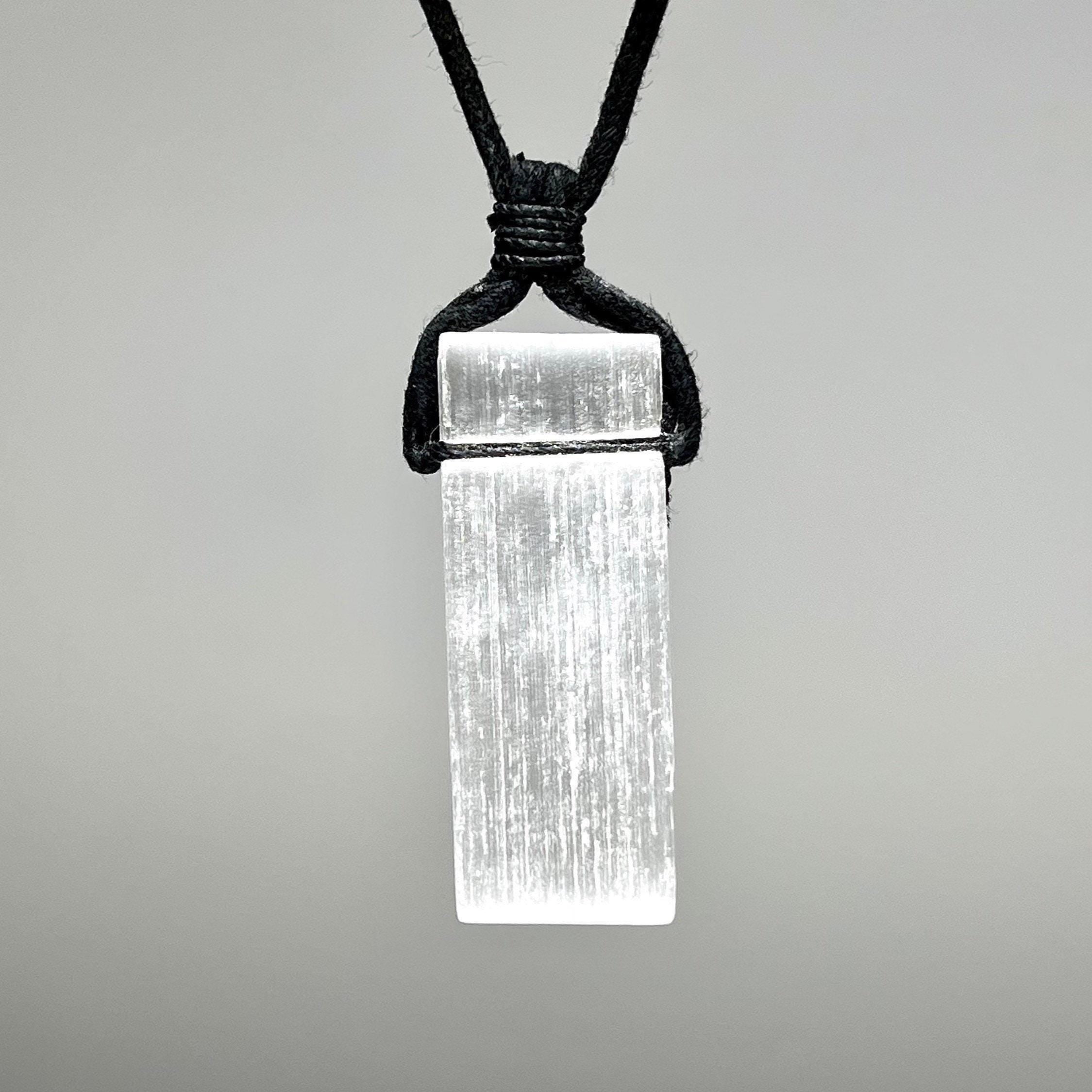 Selenite Crystal Pendant Necklace: Cleansing Gemstone on Black Cord