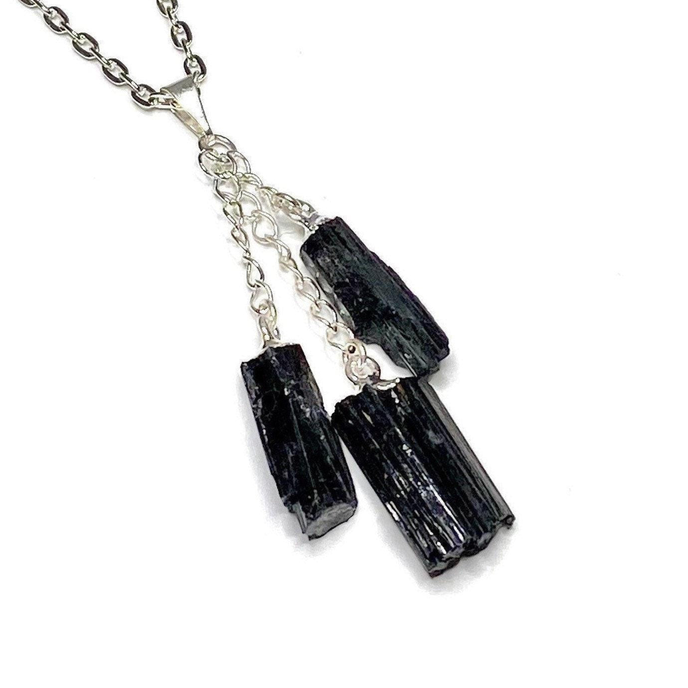 Black Tourmaline Triple Drop Pendant with Chain