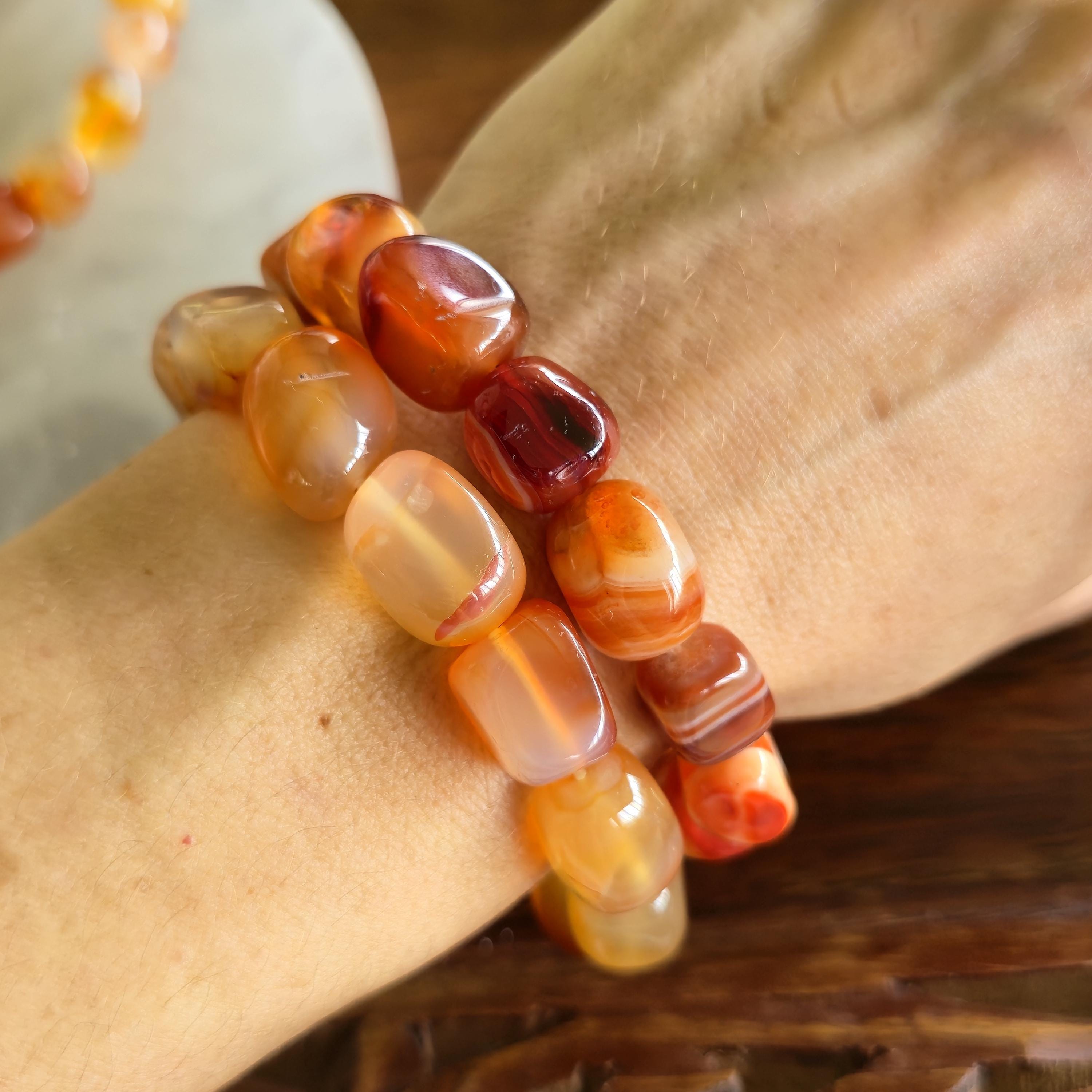 Carnelian Crystal Bracelet - 12mm Jelly Bean Gemstone Beaded Bracelet