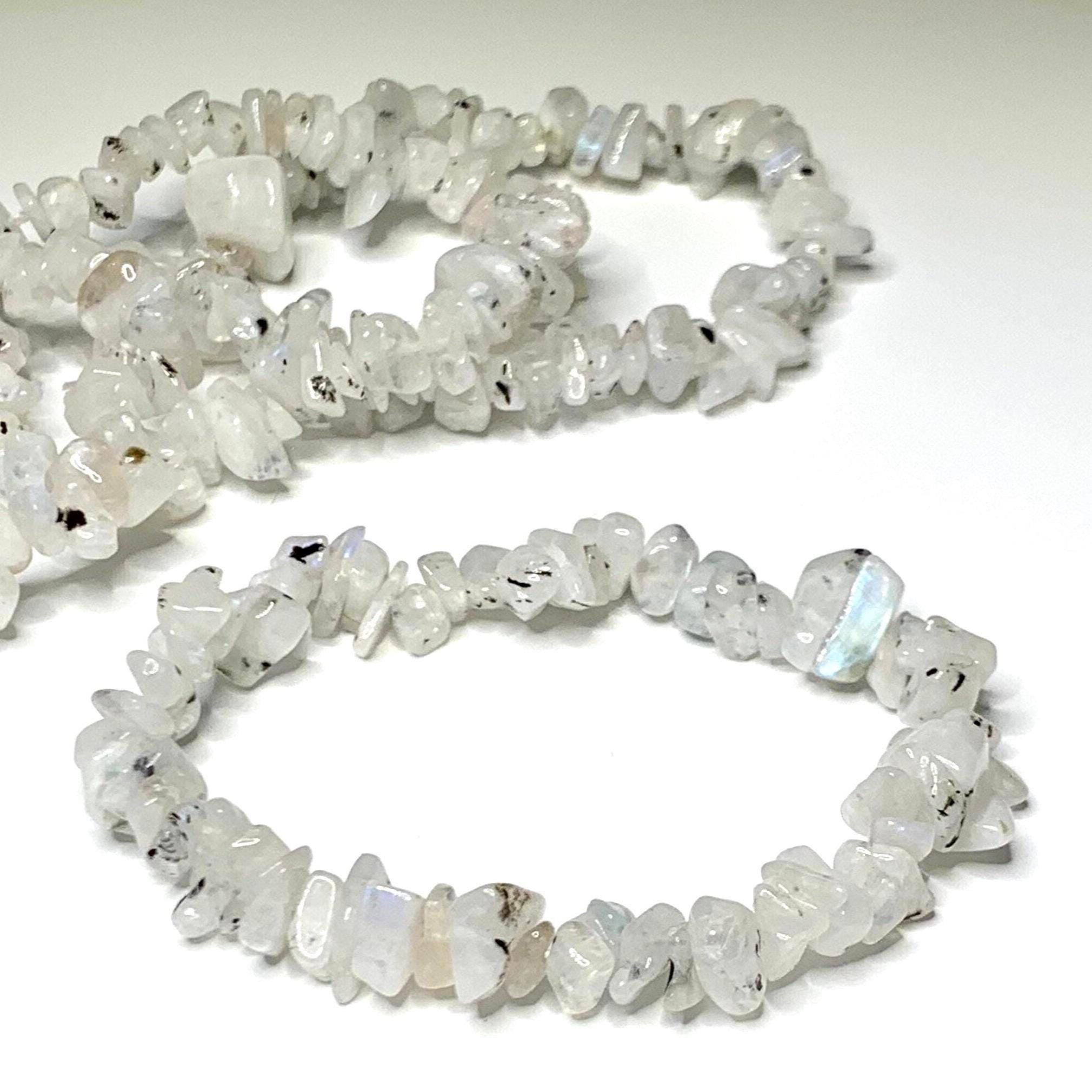 Rainbow Moonstone Crystal Chip Bracelet: Gemstone Beaded Stretch Bracelet