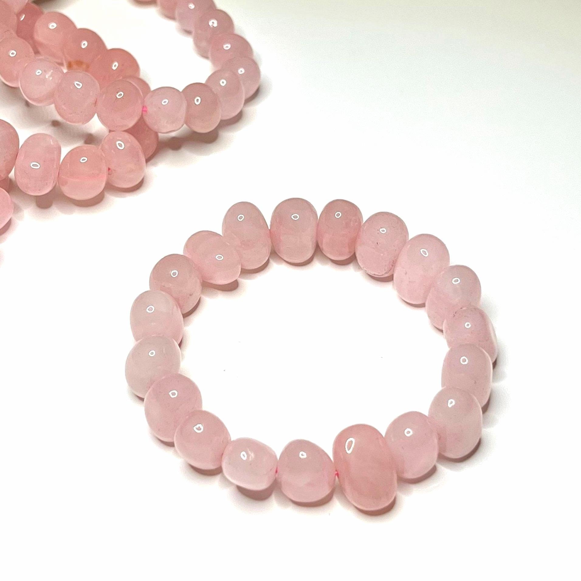 Rose Quartz Jelly Bean Bracelet: 9mm Gemstone Beaded Stretch Bracelet