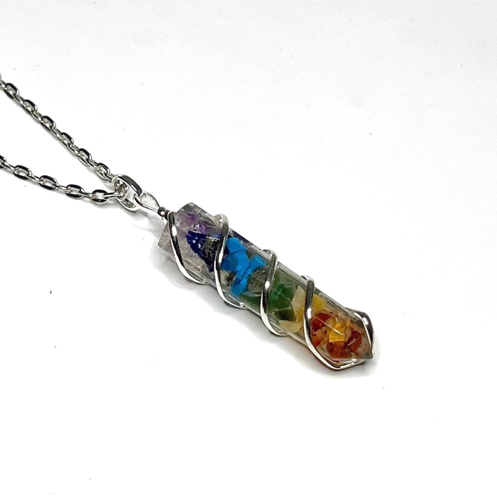 7 Chakra Stone in Orgonite Wire Wrapped Pendant Necklace